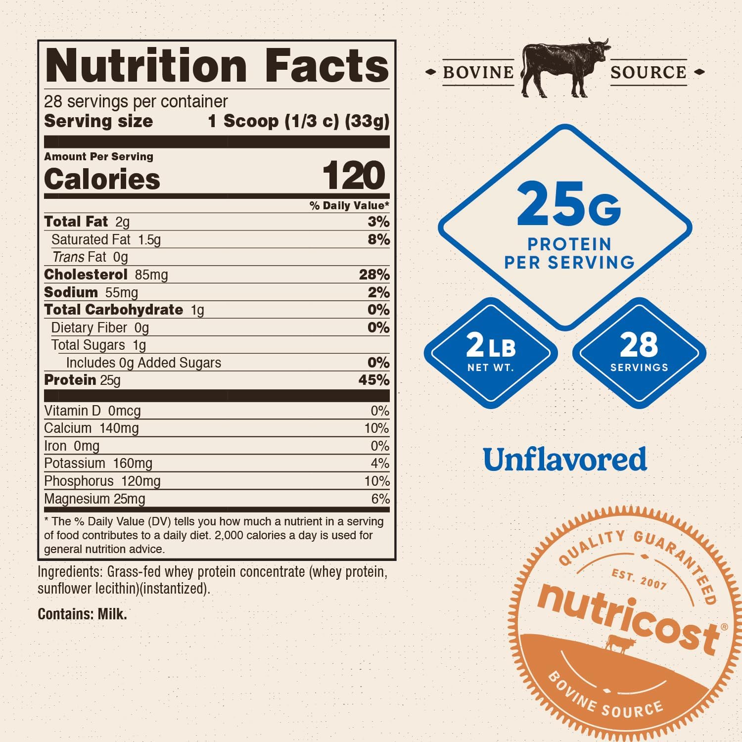 Nutricost Grass-Fed Whey Protein Concentrate (Unflavored) 2LBS | Undenatured, GMO-Free, Gluten Free, Natural Flavors