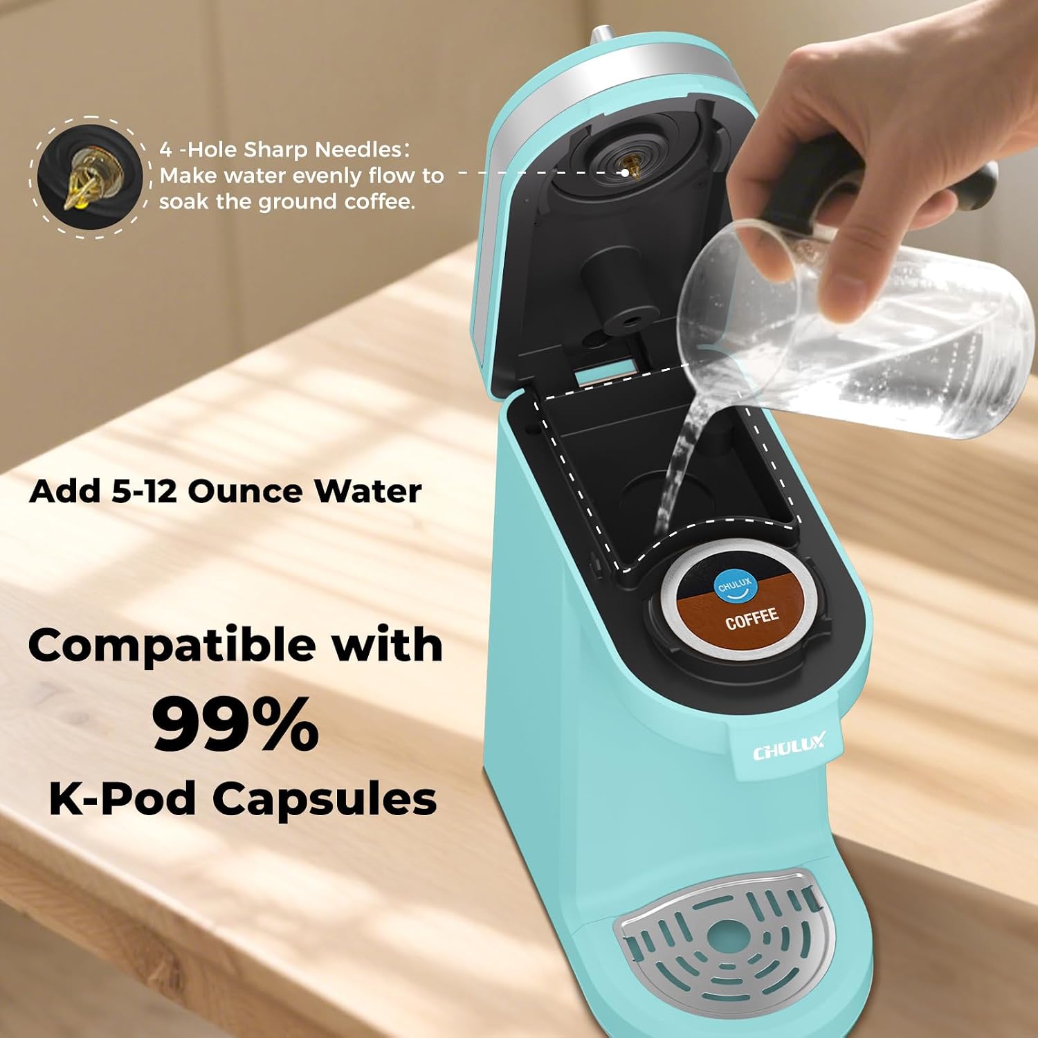 CHULUX Mini Single Serve Coffee Maker for K Pod, Brew Up to 12oz Cup, Black | Fast-Heating Boiler System, Single Cup Brewing, Portable Compact Design, Four-Hole Multi-Stream Needle, Adjustable Drip Tray