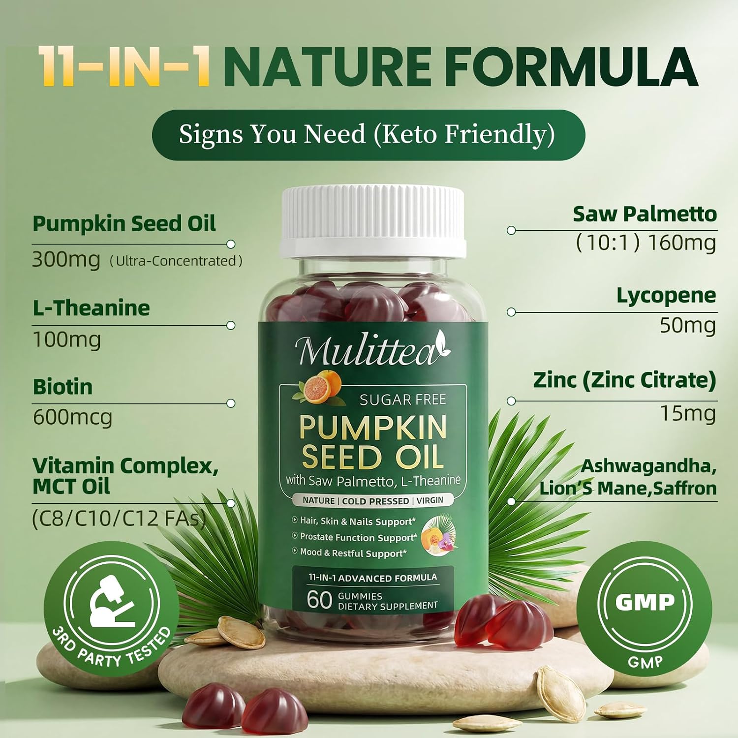2PK Pumpkin Seed Oil with Saw Palmetto Gummies for Hair & Prostate Support* | 11-in-1 w/ L-Theanine, Ashwagandha & MCT Oil for Mood&Daily Wellness, Essential Fatty Acids&Phytosterols|Non-GMO|Women&Men