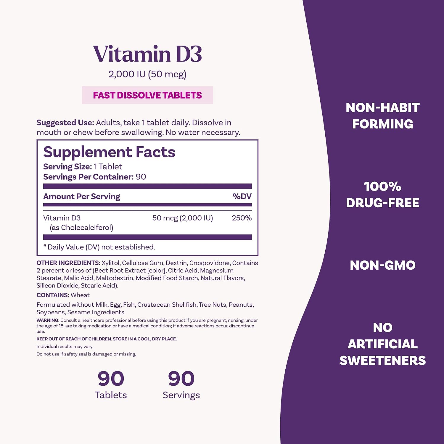 Natrol Vitamin D3 2, 000 IU Fast Dissolve, Bone & Joint Health, 90 Tablets | Dietary Supplement for Immune, Bone and Joint Health