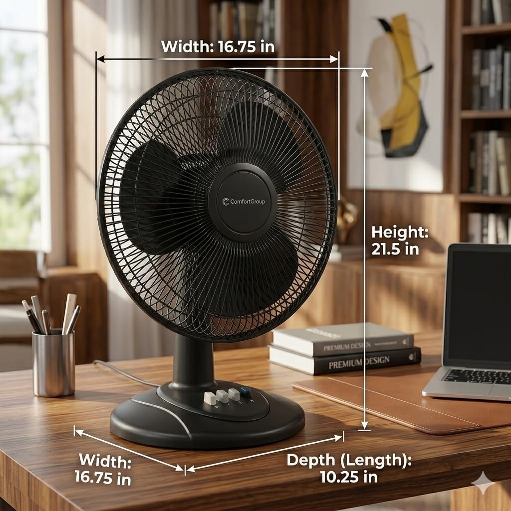 Comfort Zone Oscillating Table Fan with Adjustable Tilt, Convenient Push Button Controls, Quiet, 16 inch, 3 Speed, Desk Fan, Airflow 15.75 ft/sec, Ideal for Home, Bedroom, Dorm & Office, CZ161WT