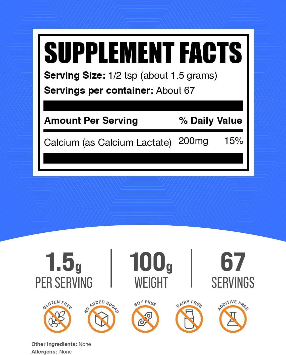 BulkSupplements.com Calcium Lactate Powder - Calcium Supplement Powder, Food Grade - Pure & Gluten Free, 1.5g per Serving, 500g (1.1 lbs) (Pack of 1)