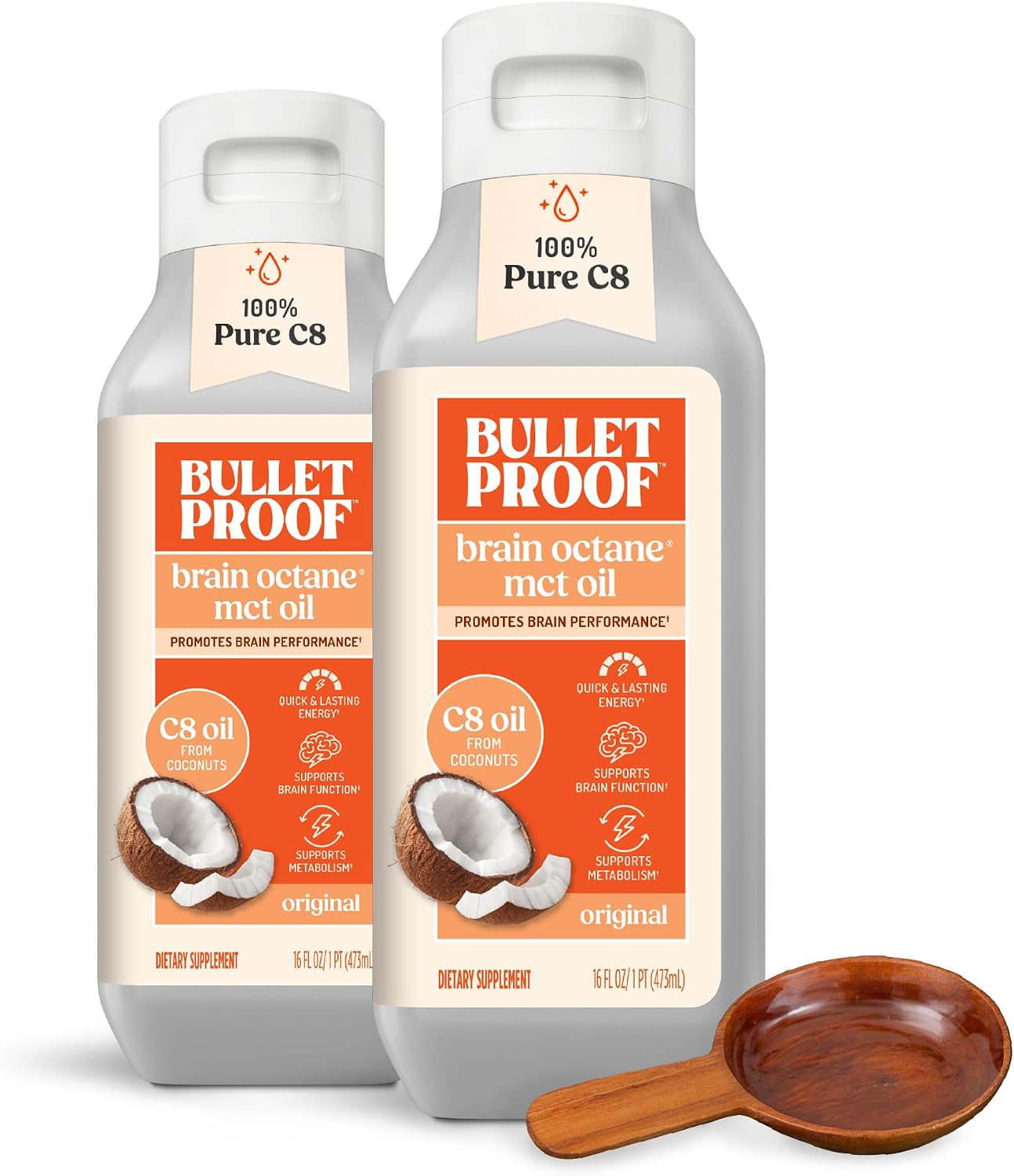 Bulletproof Brain Octane C8 MCT Oil, Non-GMO, 16 oz – 100% C8 from Coconut | 100% Pure Coconut Oil, Triple-Distilled Keto Energy Supplement for Coffee & Smoothies, Unflavored, No Additives, Non-GMO