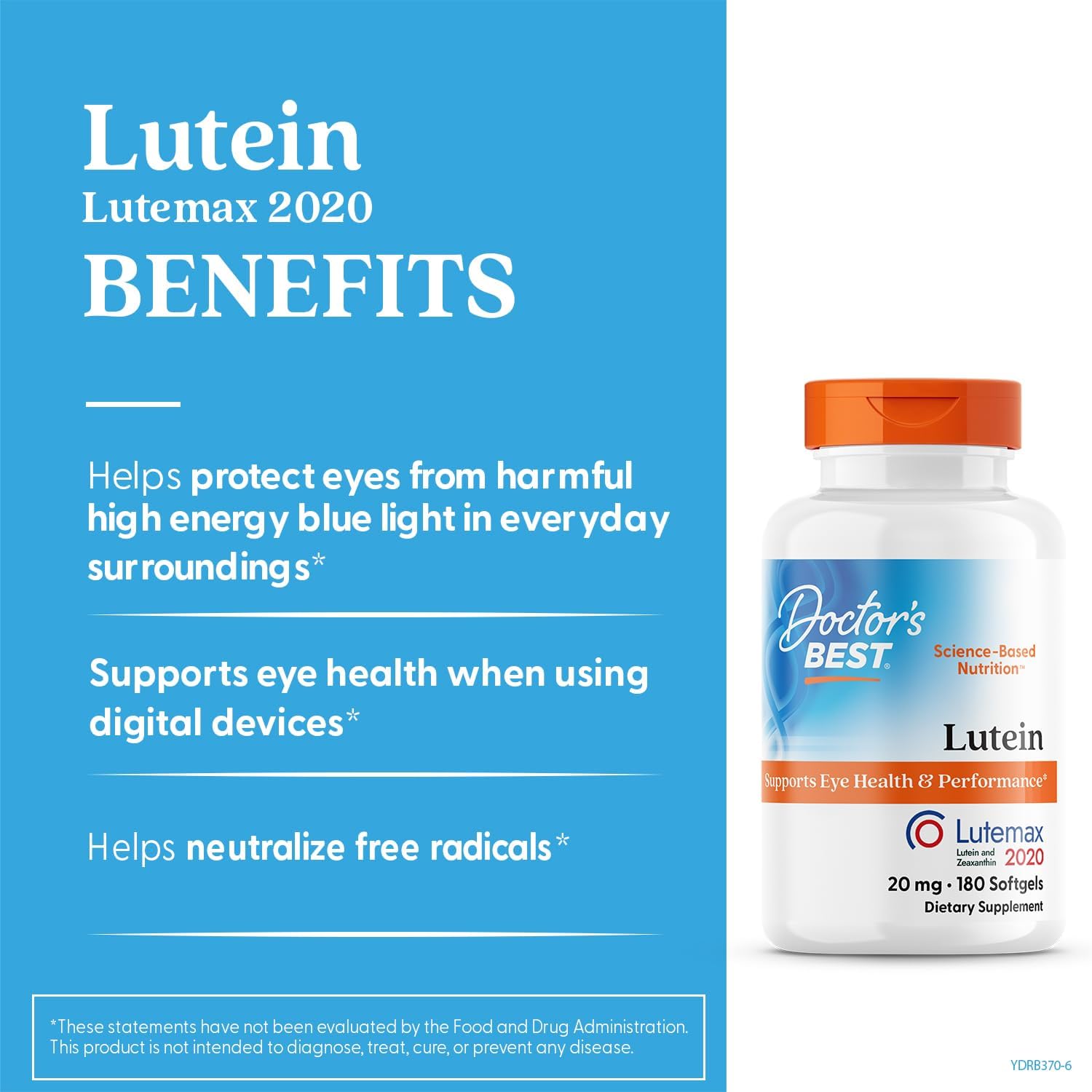 Doctor's Best Lutein Supplement 20mg with Zeaxanthin - Lutein for Eyes, Eye Health Vitamins for Men & Women, Vision and Macular Health Support, Lutemax 2020 Marigold Flower Extract - 180 Softgels