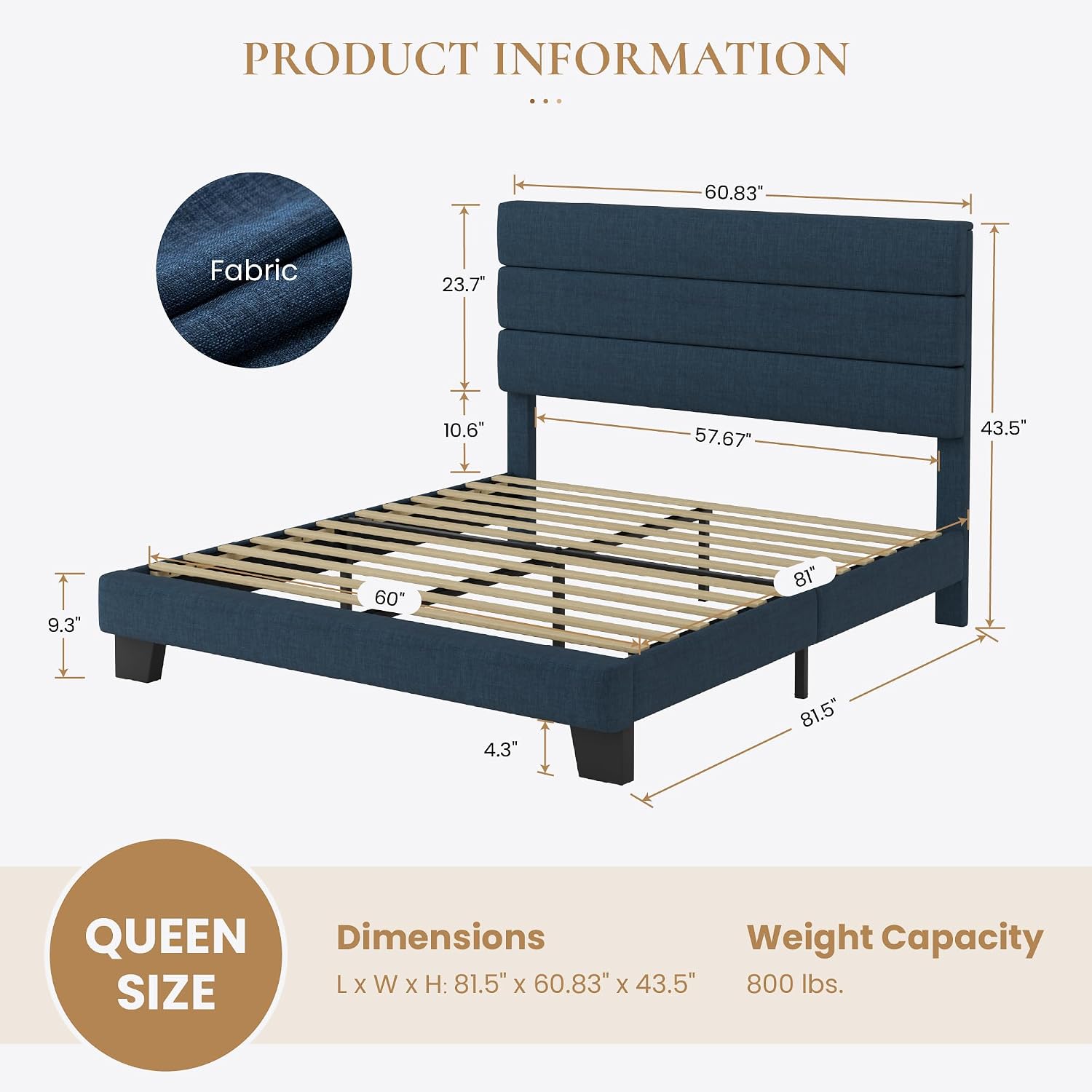 SHA CERLIN Full Platform Bed Frame with Upholstered Fabric Headboard, Grey