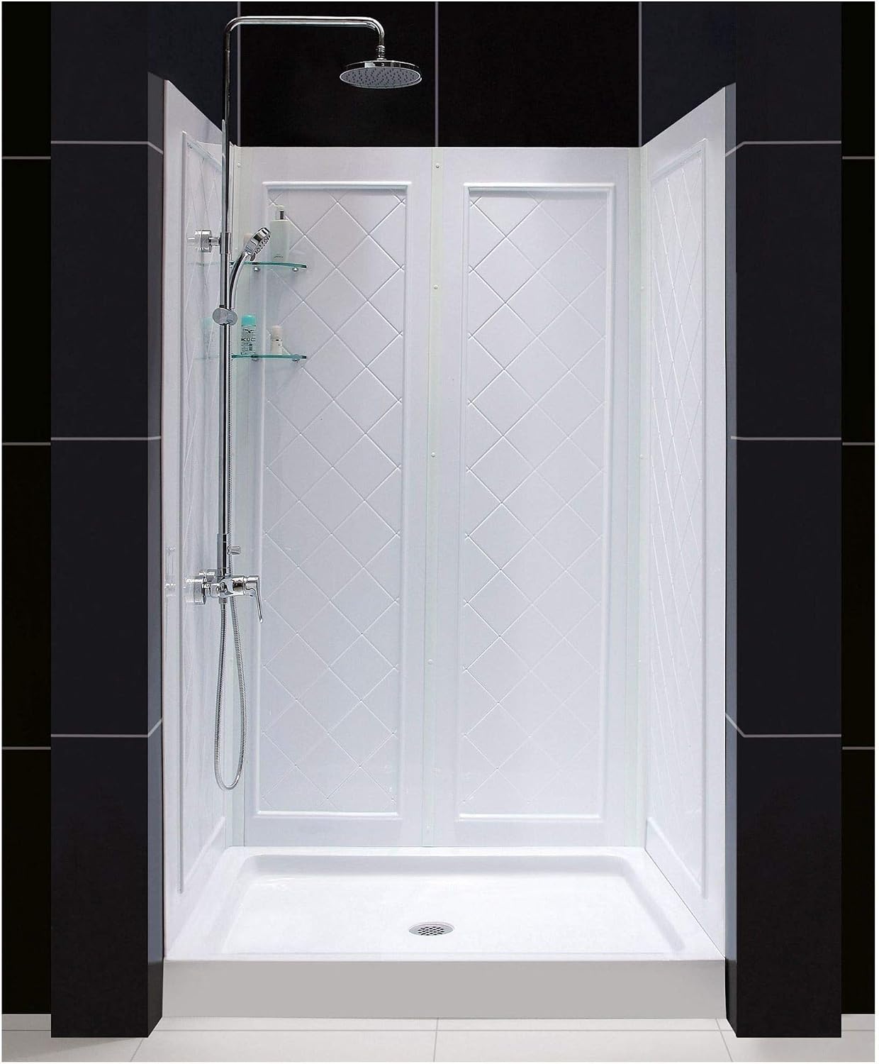 DreamLine 32 in. D x 32 in. W x 76 3/4 in. H Center Drain Acrylic Shower Base and QWALL-5 Backwall Kit In White, DL-6195C-01