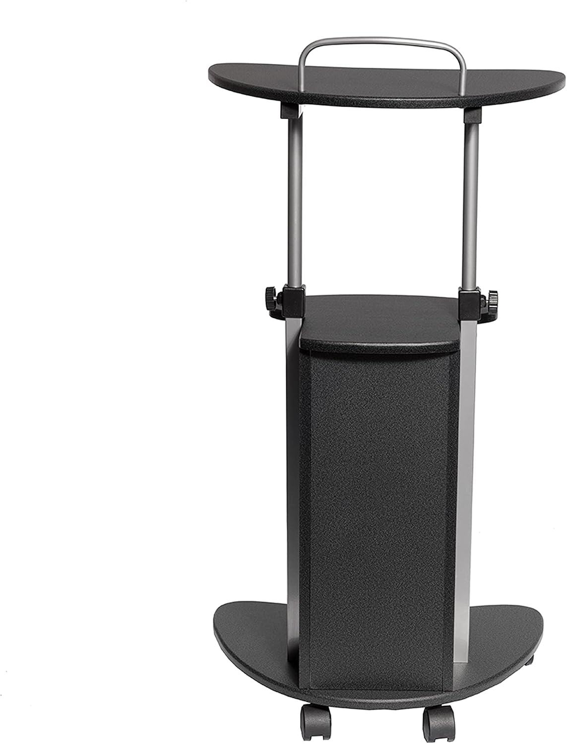 Techni Mobili Adjustable Height Rolling Laptop Cart with Storage, Graphite | Adjustable height rolling laptop cart with storage drawer, open shelf, wheels, sit‑stand design for office or medical use