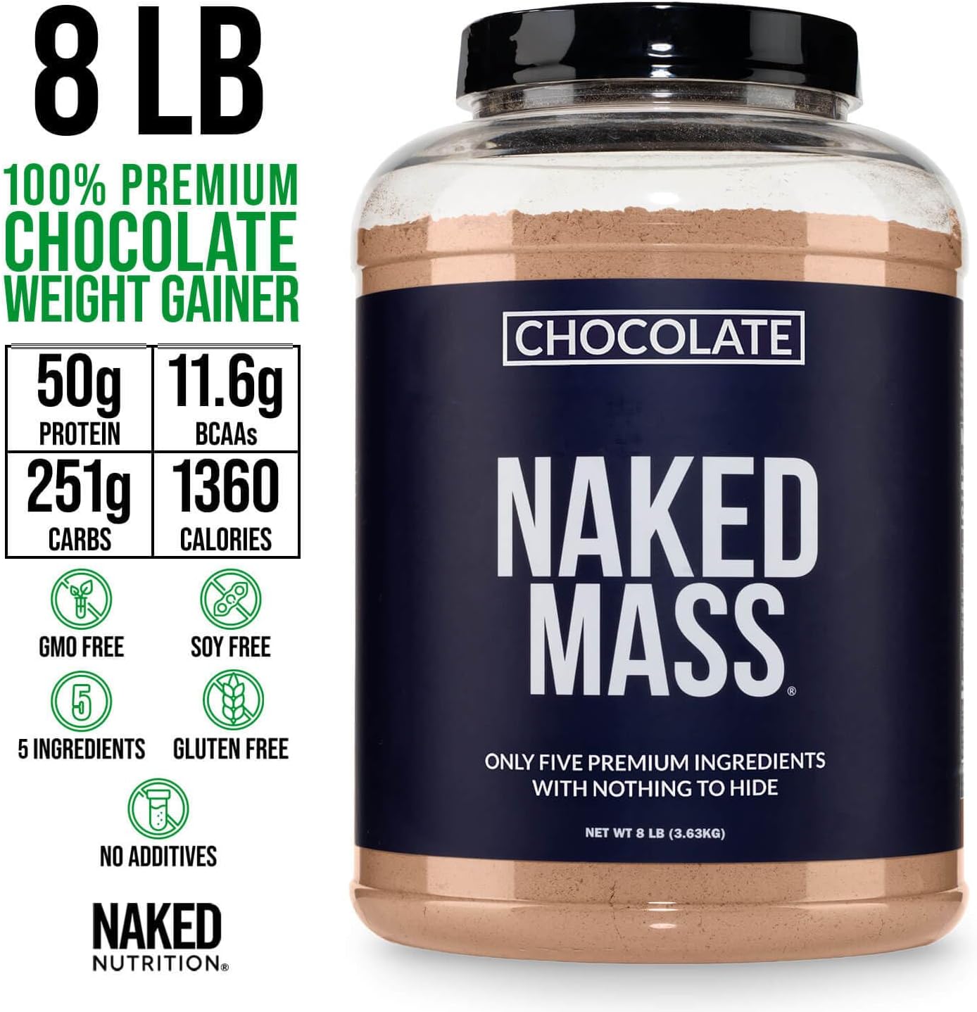 NAKED Mass - Natural Weight Gainer Protein Powder - 8 LB Bulk, NSF Certified, GMO Free, Gluten Free & Soy Free. No Artificial Ingredients - 1,250 Calories per Serving