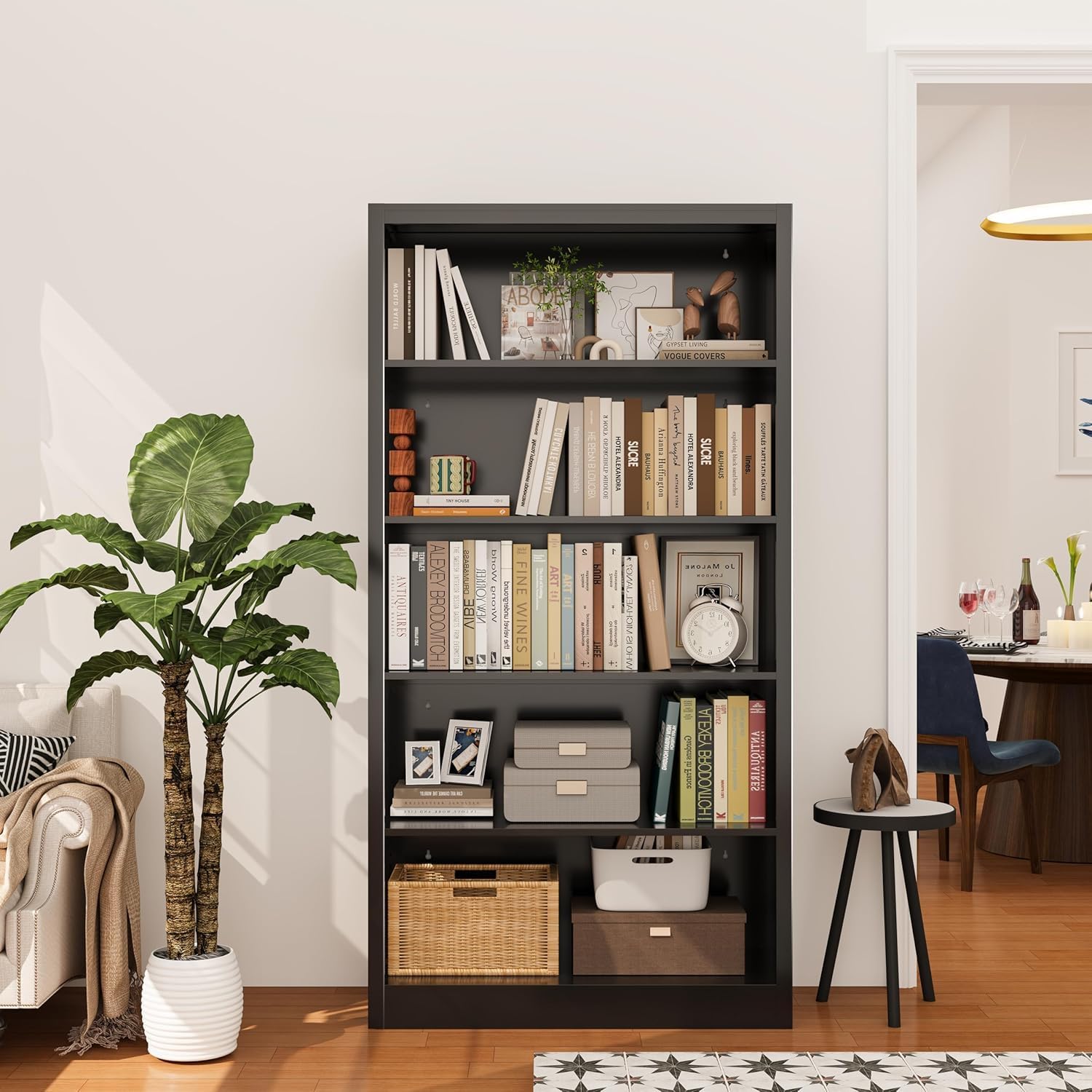 66 in Black Heavy Duty Metal Bookshelf, 5-Tier Adjustable Tall Bookcase, Industrial Floor Standing Storage Shelf 180 lbs Load Per Shelf for Living Room Home Office Bedroom Garage