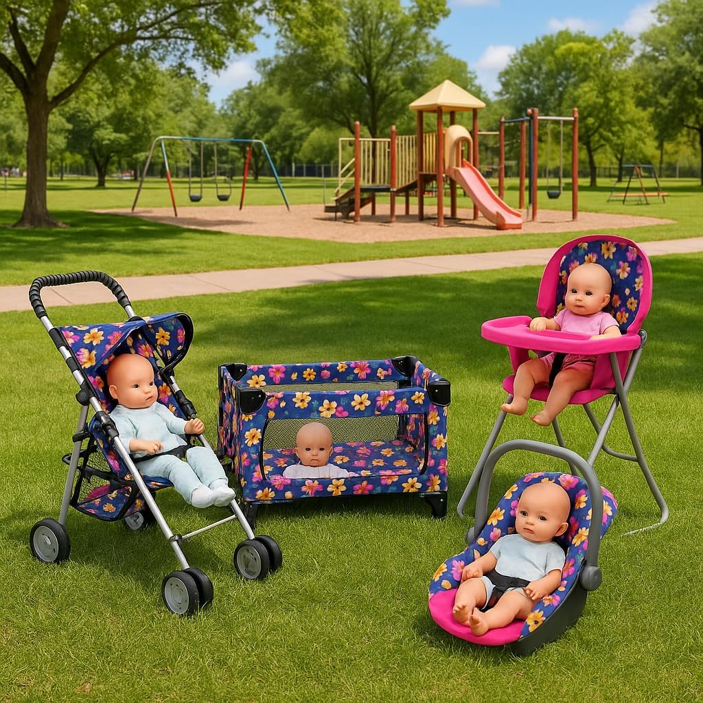 fash n kolor 4 Piece Baby Doll Play Set Flower Design Includes - Foldable Pack N Play, Baby Doll Stroller, Baby Doll High Chair, Infant Seat, Fits Up to 18'' Doll 4 Piece Doll Accessories Set