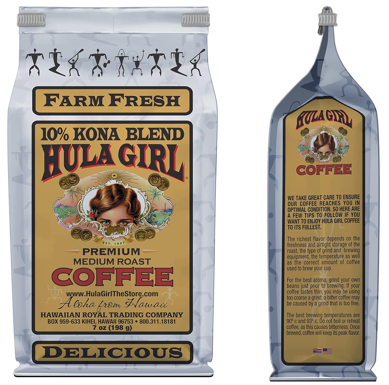 Hula Girl 10% Kona Ground Coffee, Grown in Hawaii, Hand Picked, Sun Dried, Fresh Roasted and Packed in Hawaii for 30 years, 7 Ounce