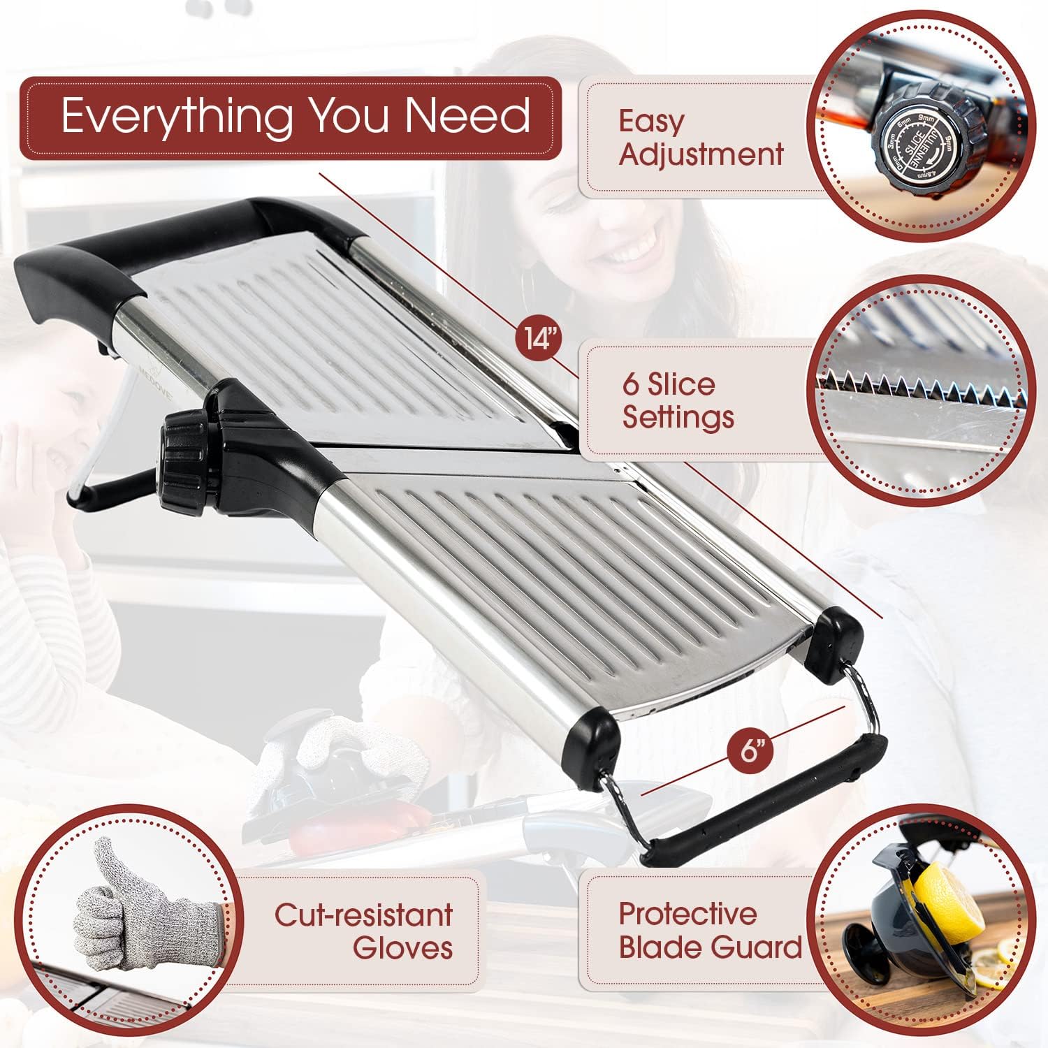 Stainless Steel Mandoline Slicer for Kitchen – 6-Setting Adjustable, 16.5 x 5 In. Platform, Hand Guard, Cut-Resistant Gloves – Vegetable Chopper