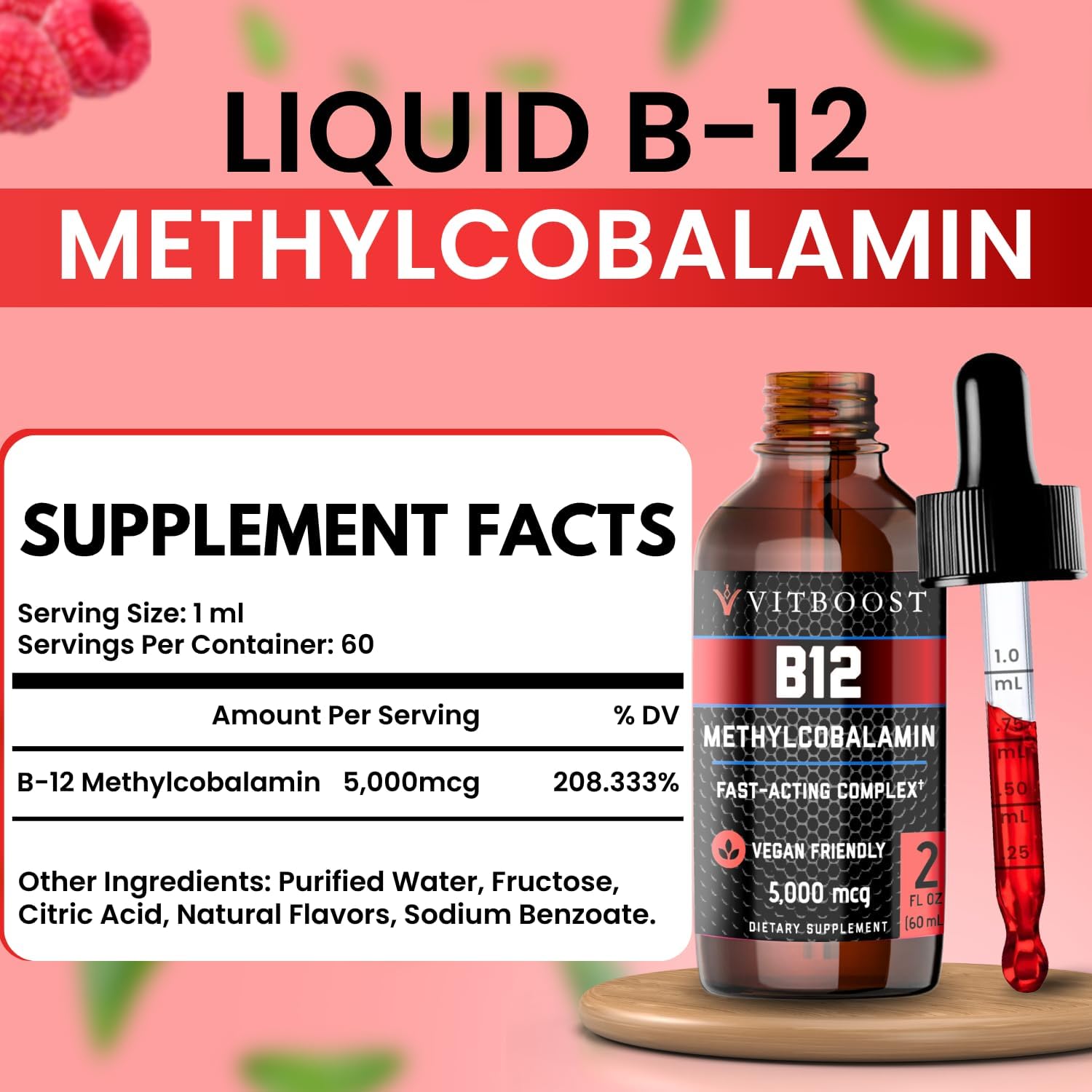 VITBOOST Vitamin B12 Liquid Drops - 60 x 5000 mcg Vegan B12 Sublingual | Extra Strength Raspberry Flavored Methylcobalamin B-12 Supplement Designed