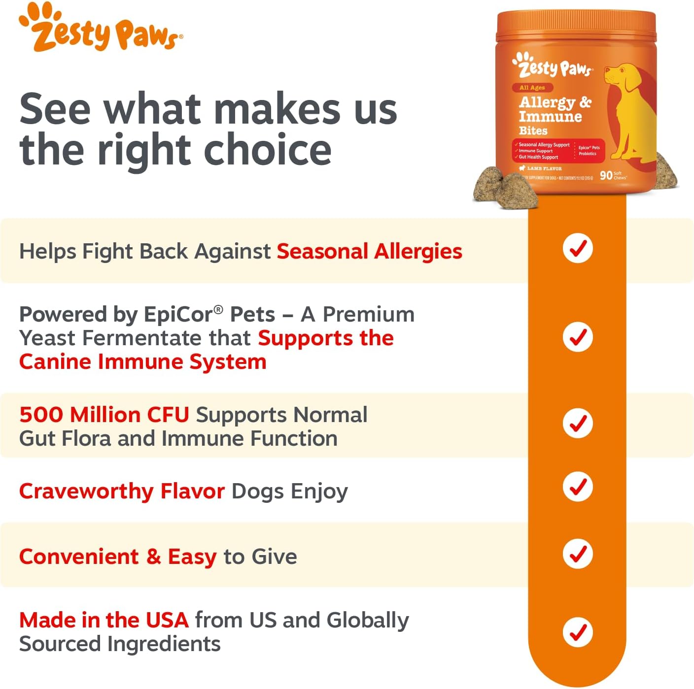 Zesty Paws Allergy Immune Bites - Dog Allergy Chews, Dog Probiotics for Itchy Skin and Ears, Lamb, 90ct