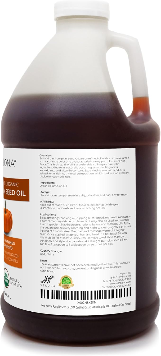 velona Pumpkin Seed Oil USDA Certified Organic - 64 Fl Oz | 100% Pure and Natural Carrier Oil | Unrefined, Cold Pressed | Cooking, Face, Hair