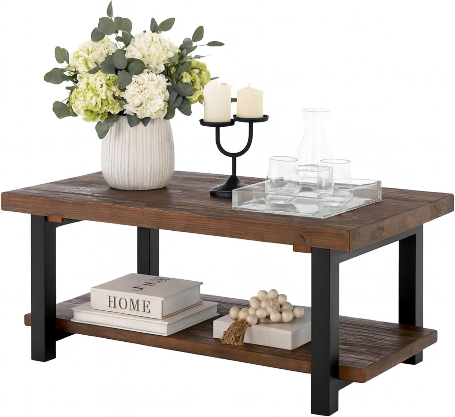 Alaterre Furniture Pomona Solid Wood 2-Tier End Table, Rustic Brown, 27” | Nightstand with Storage Shelf and Metal Legs, Industrial Farmhouse Chair Side Table for Living Room or Bedroom