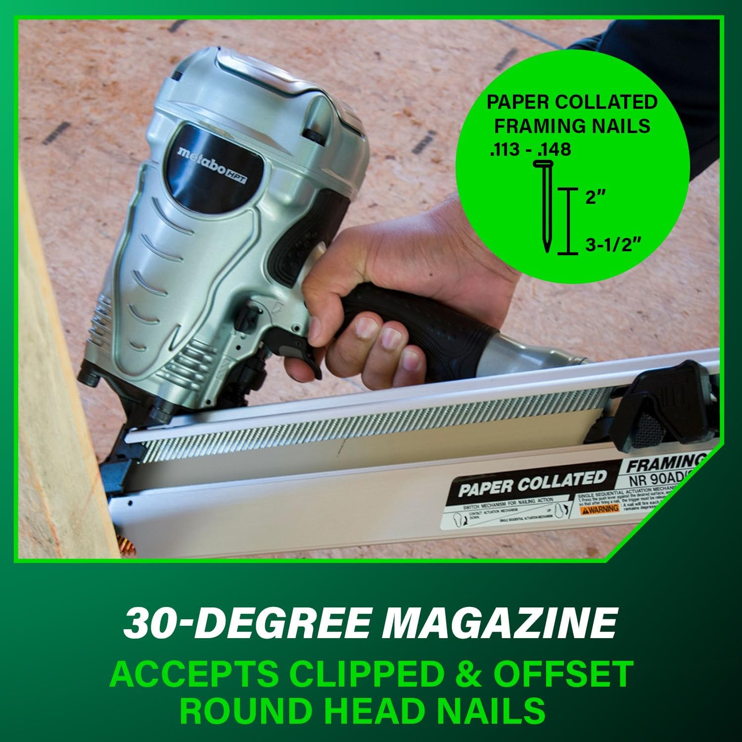 Metabo HPT Framing Nailer 30° Paper Collated Nails Framing Tool, NR90ADS1 | Roof Decking, Housing Construction, Truss Build-Up, Flooring Use