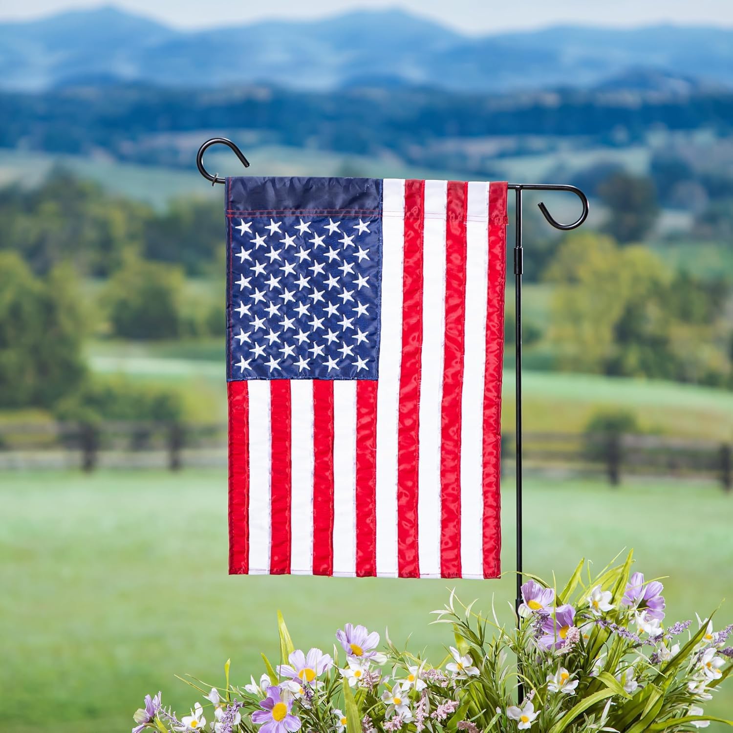 Evergreen American Flag 12x18 Double Sided | Patriotic House Flags For Outside Outdoor | Small American Flag Garden Size | Embroidered Stars and Stripes | USA Residential or Commercial