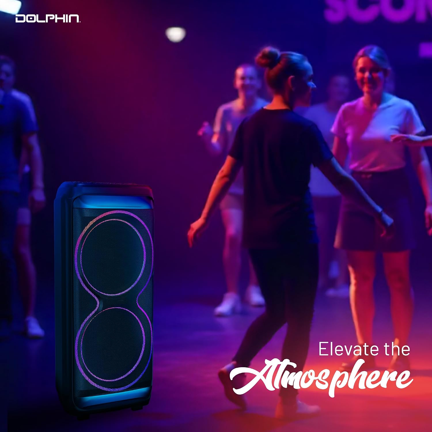 Dolphin Bluetooth Party Speaker with UHF Wireless Microphone, Dual 15" | 100W RMS, X-BASS, WaveSync TWS, LED Lights, USB, TF/SD, AUX, FM