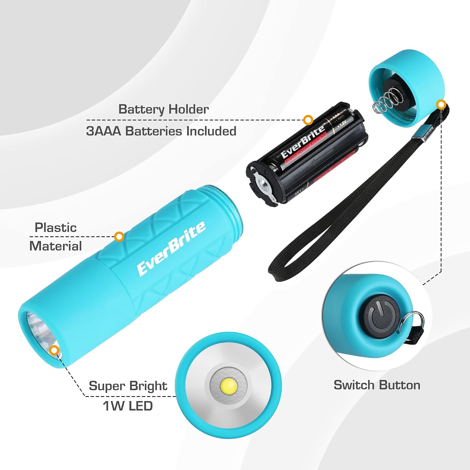 EverBrite Mini Flashlights 6-Pack Mix Colors, Batteries Included | Small, Lightweight, 18 AAA Batteries, 6-Color Set, 9-LED, Wrist Lanyards, for Home, Camping & Emergency use, Holiday Gifts