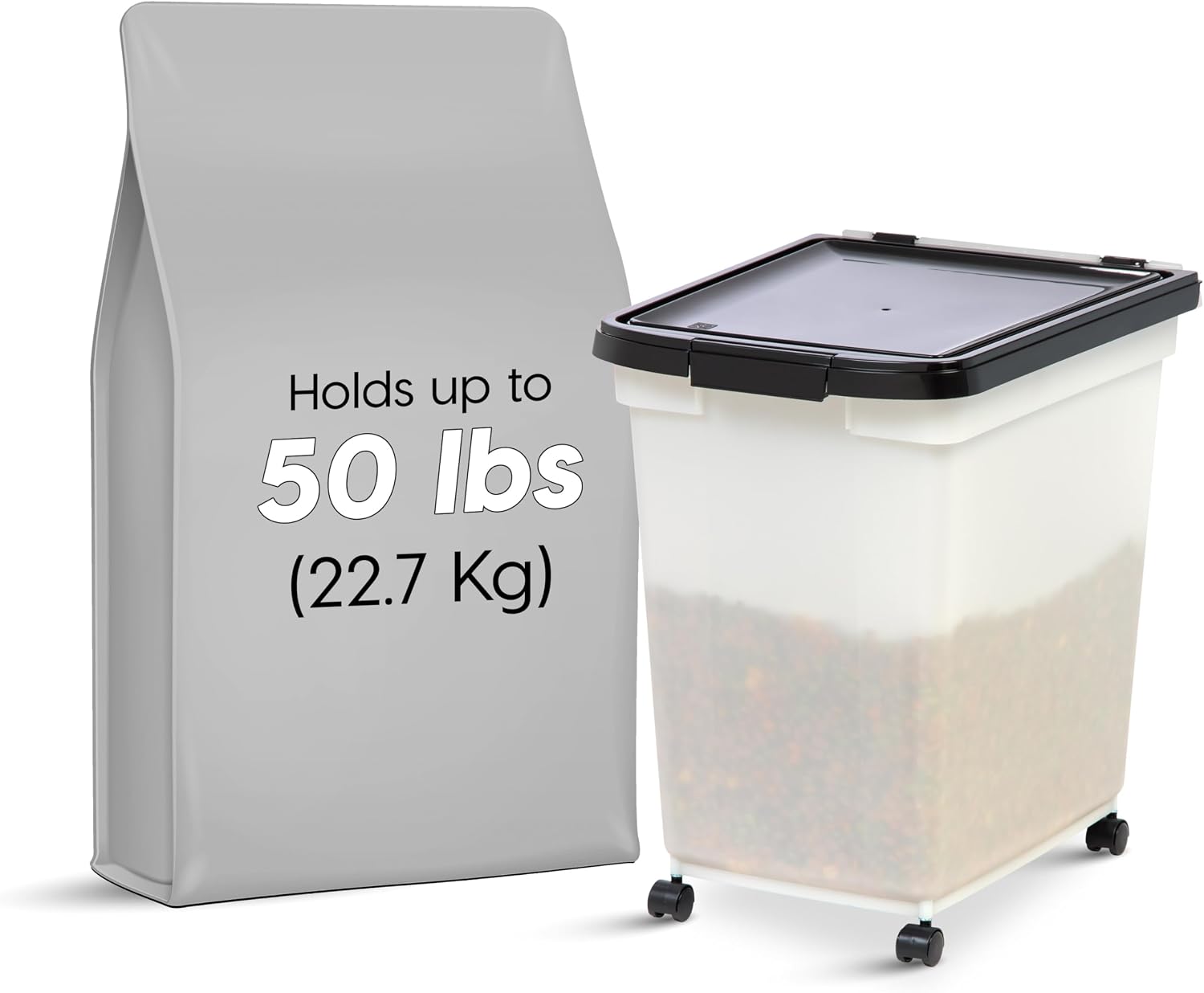 IRIS USA Dog Food Storage Container, Up to 25 lbs, Black, Made in USA | Wheels for Mobility, Airtight Seal, BPA-Free, Best for Bird Seed, Cat food, Cat Litter, Chicken Feed, Pellets