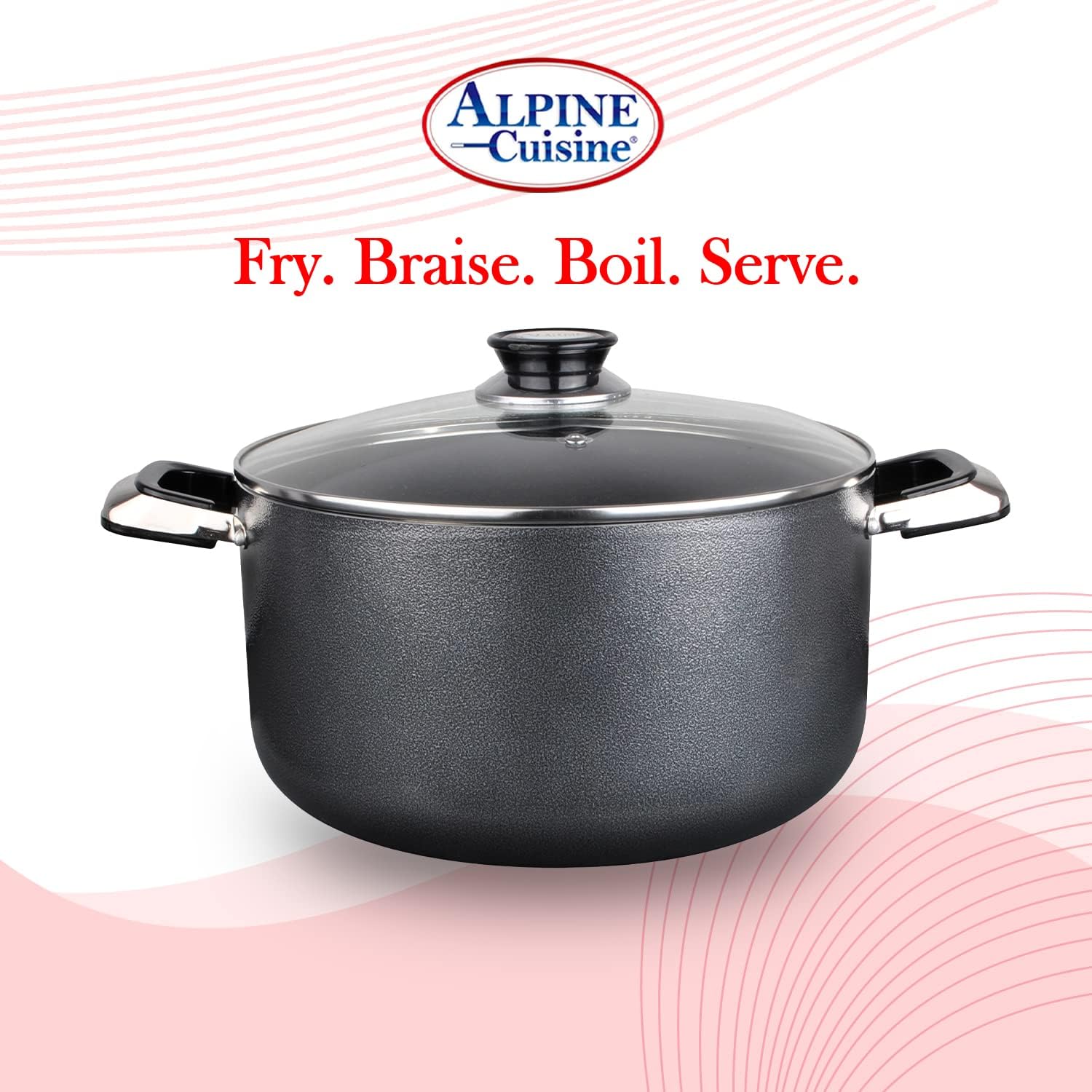 Alpine Cuisine 4 Quart Non-stick Stock Pot with Tempered Glass Lid and Carrying Handles, Multi-Purpose Cookware Aluminum Dutch Oven for Braising, Boiling, Stewing