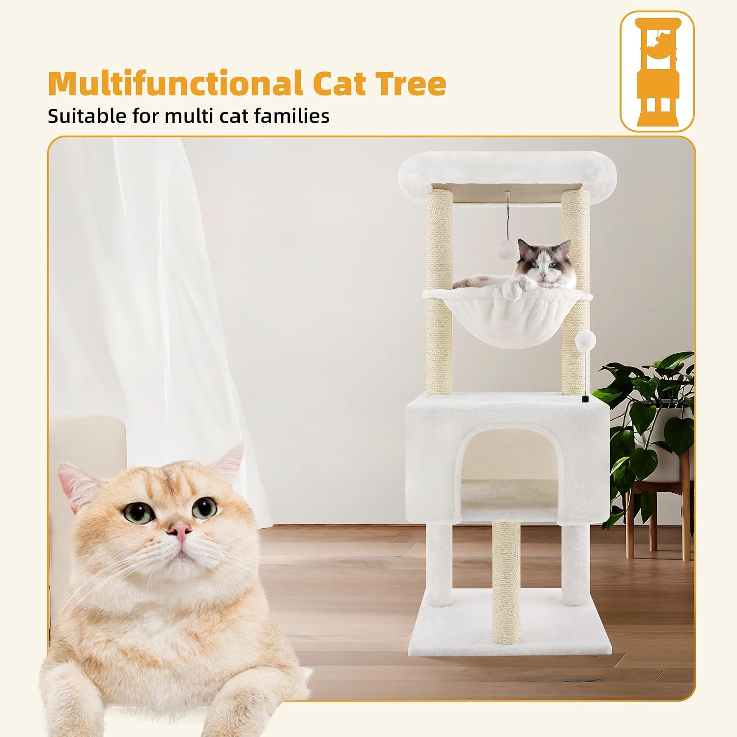 32" Cat Tree for Indoor Cats, 2-in-1 Cat House with Sisal Scratching Post & Ramp, 2-Level Cat Tower with Rotatable Feather & Ball Toys, Stable Grey Cat Condo for Small/Medium Cats, Grey