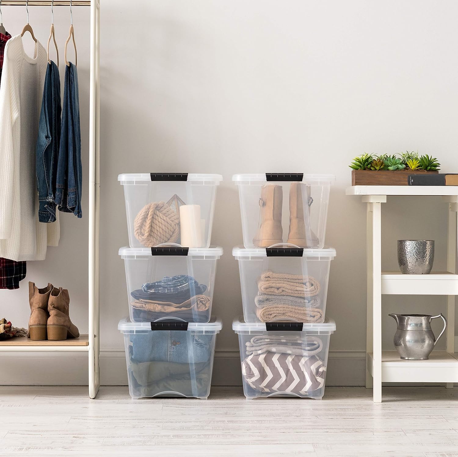IRIS USA 6-Pack 54 Quart Storage Bins with Lids, Clear | Transparent design makes contents easy to find. Perfect for moving, blankets, clothing, and garage storage. Nestable design