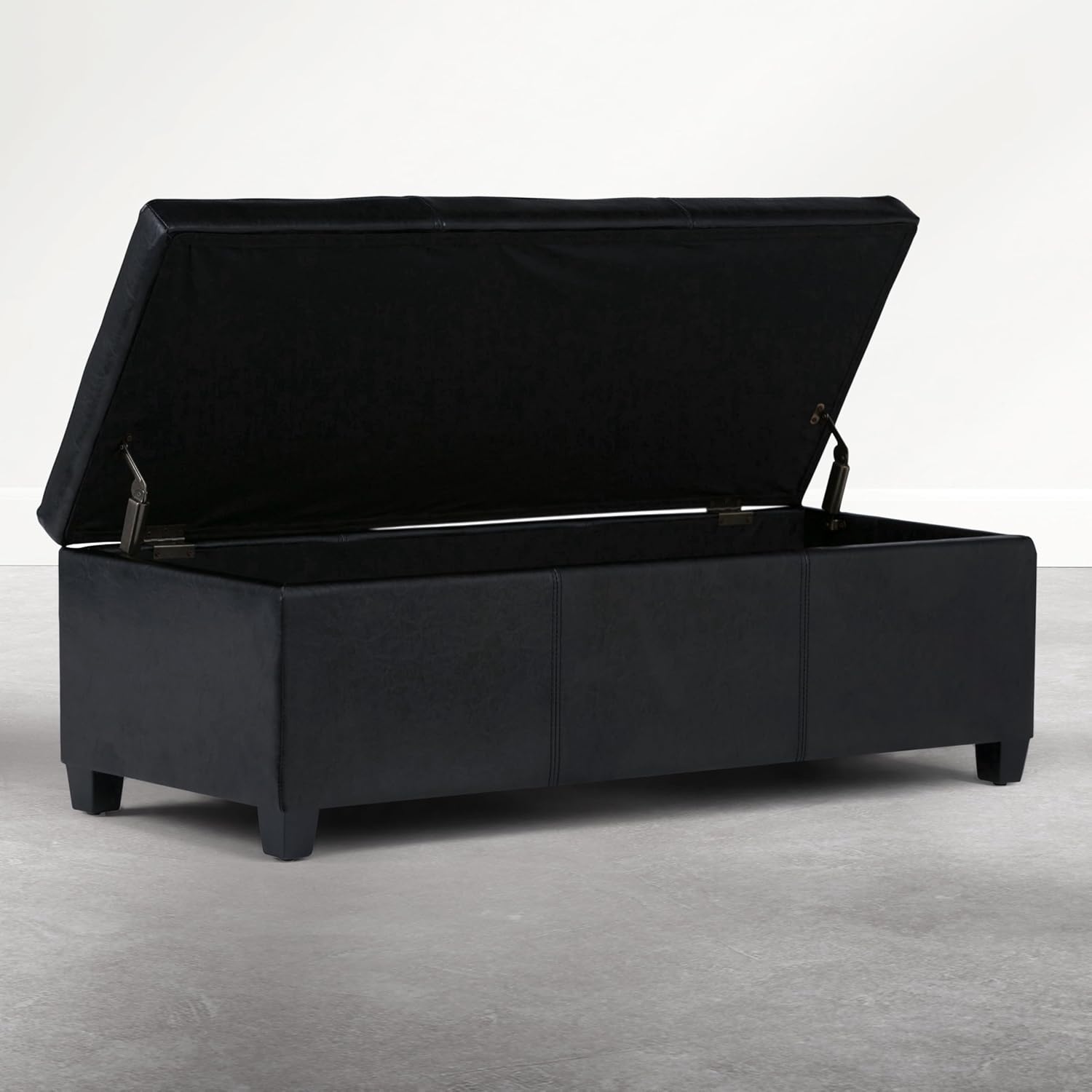 SIMPLIHOME Avalon 48" Wide Vegan Leather Storage Ottoman in Brown