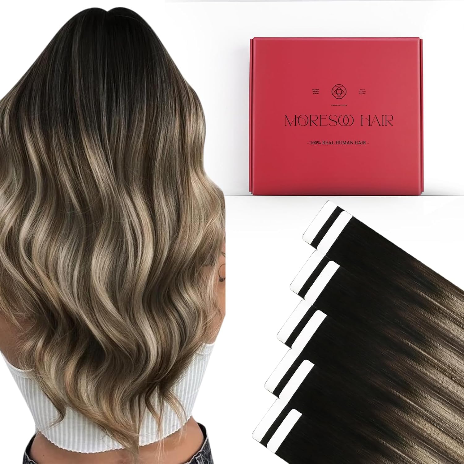 Moresoo Black Tape in Hair Extensions Human Hair, 18 Inch, 20Pcs, 50g