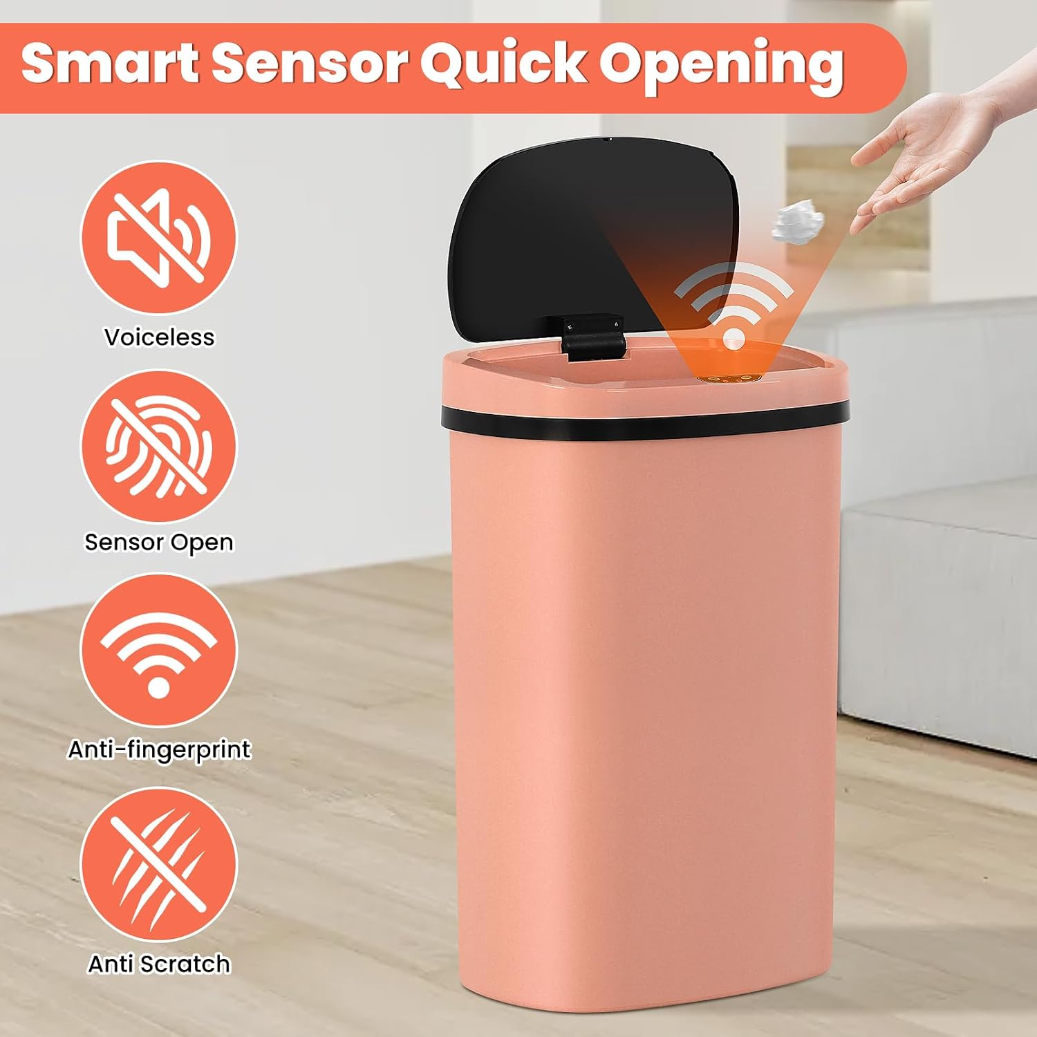 13 Gallon Touch-Free Automatic Stainless-Steel Trash Can Garbage Can Metal Trash Bin with Lid for Kitchen Living Room Office Bathroom, Electronic Motion Sensor Automatic Closure & Opening
