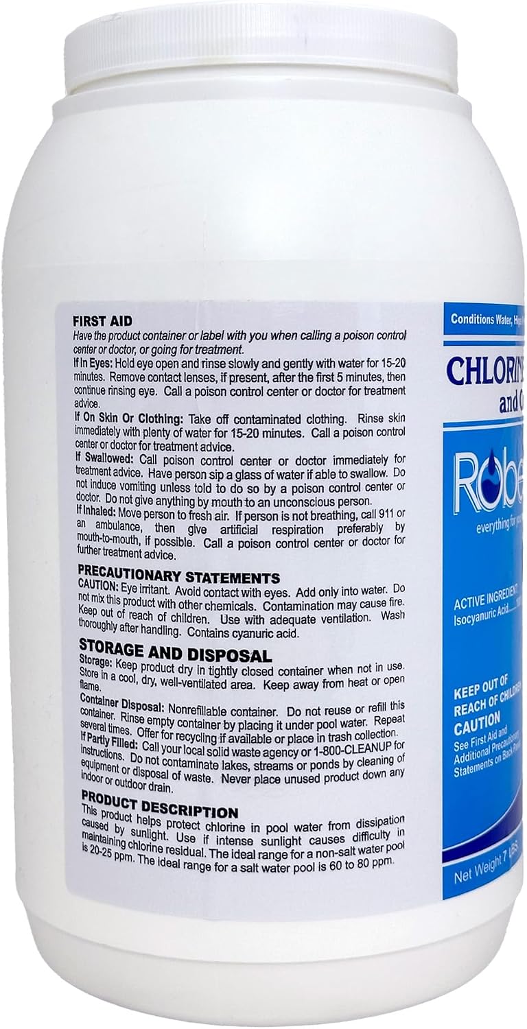 Robelle 7-Pounds Premium Chlorine Stabilizer and Conditioner, Made in USA | Concentrated Cyanuric Acid for Pools, Pool Stabilizer, Helps Chlorine Last Longer, 6 oz raises CYA 10 ppm per 5,000 gallons