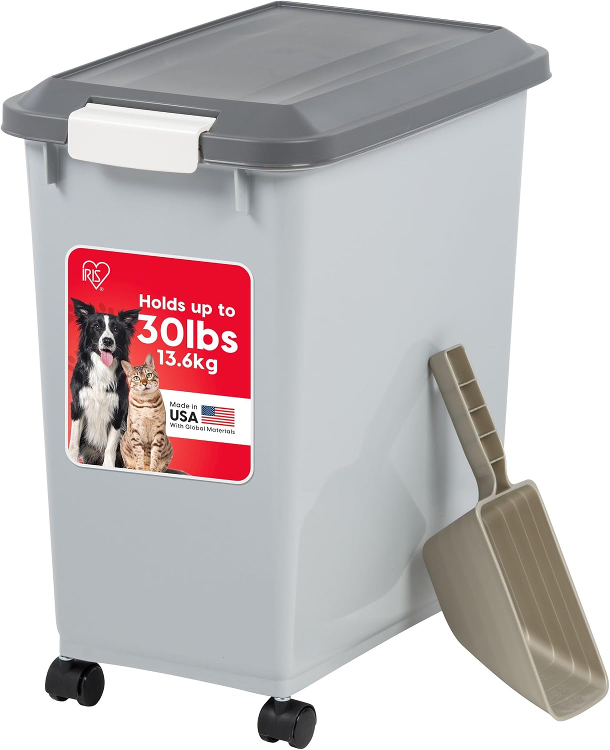IRIS USA Dog Food Storage Container, Up to 30 lbs, Navy/Pearl, Made in USA | Wheels for Mobility, Airtight Seal, BPA-Free, Best for Bird Seed, Cat food, Cat Litter, Chicken Feed, Pellets