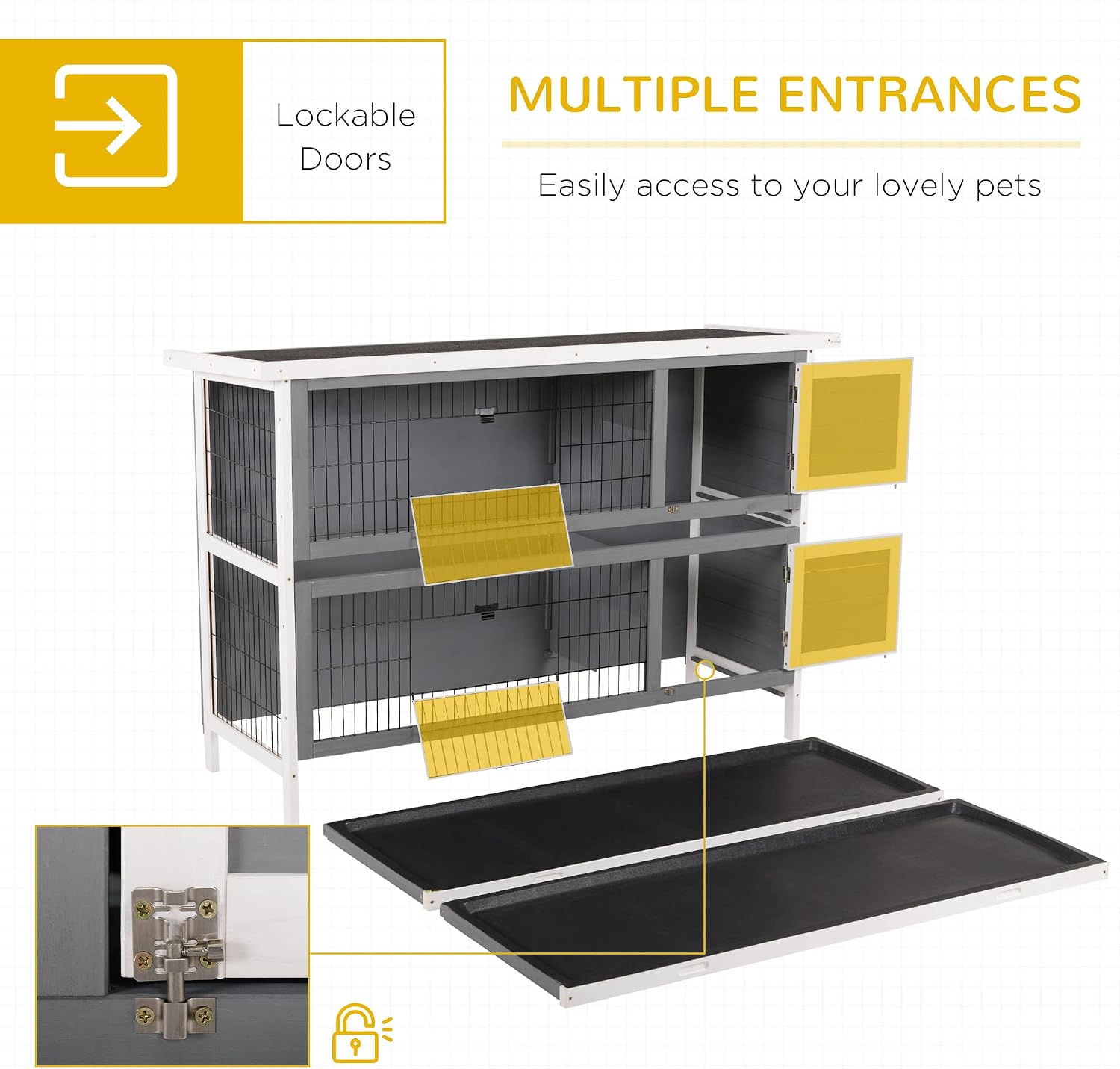 PawHut 54" 2-Story Large Rabbit Hutch Bunny Cage Wooden Pet House Small Animal Habitat with Lockable Doors, No Leak Tray and waterproof Roof for Outdoor/Indoor Orange | Wooden Pet House, Small Animal Habitat, No Leak Tray, Waterproof Roof, for Chickens D…