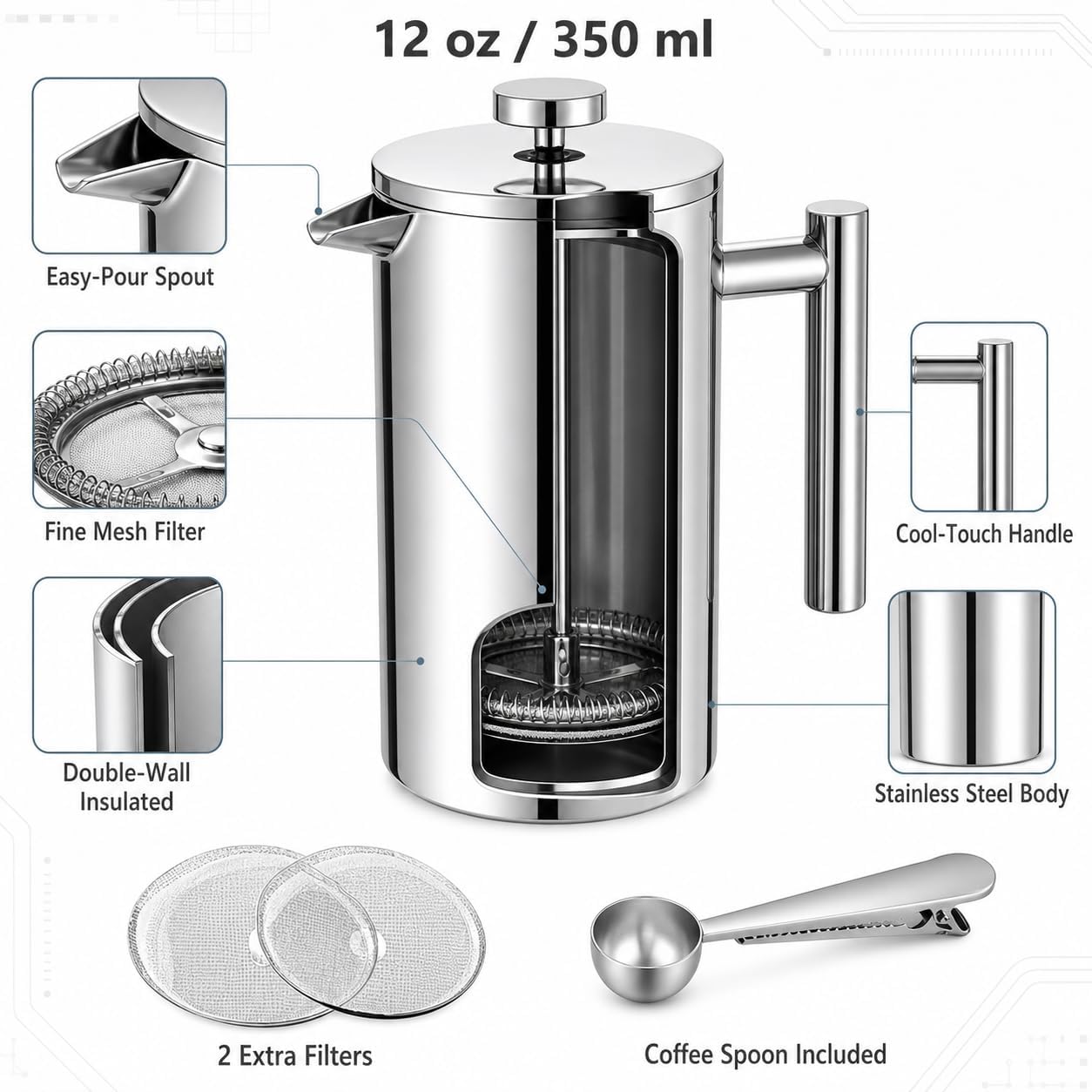 Black French Press Stainless Steel 34oz