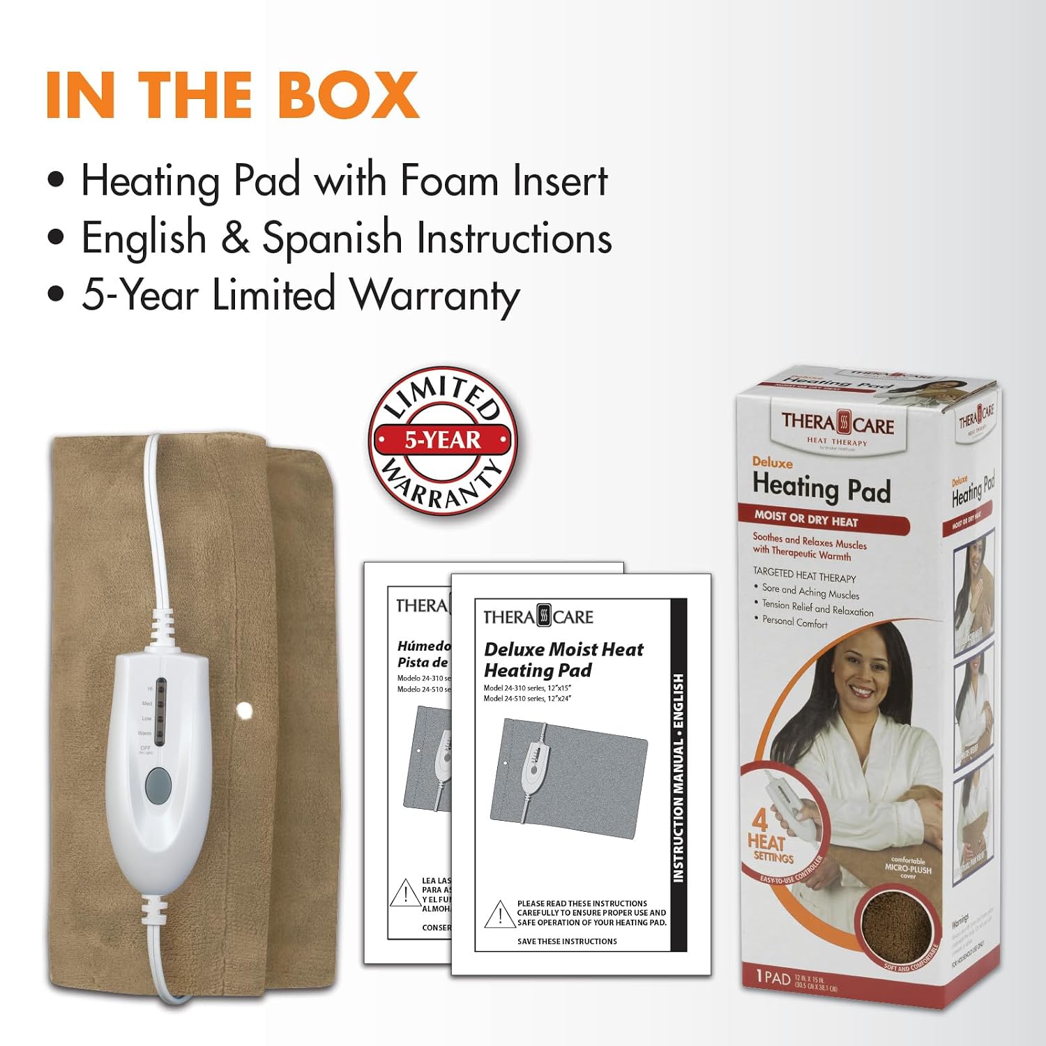 Deluxe Heating Pad Moist/Dry Heat Therapy | Moist & Dry Heat Therapy for Sore Muscles, 4 Heat Settings, Sponge Included, Machine-Washable Cover