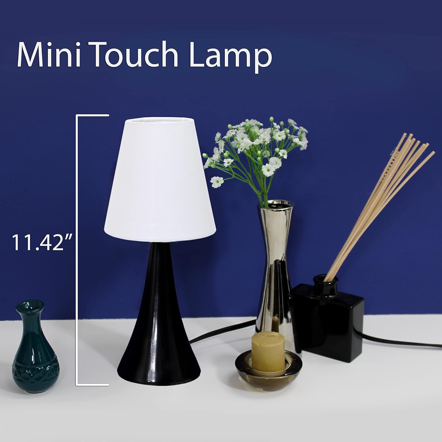 Simple Designs LT2014-WHT-2PK Valencia Brushed Nickel Mini Touch Table Lamps with Fabric Shades, White (Pack of 2)