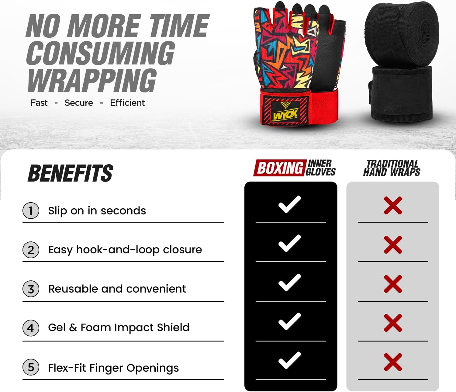 WYOX Neoprene Gel Boxing Hand Wraps Inner Gloves for Men & Women – 80cm/31in Quick Wrist Strap, Padded Knuckle Protection