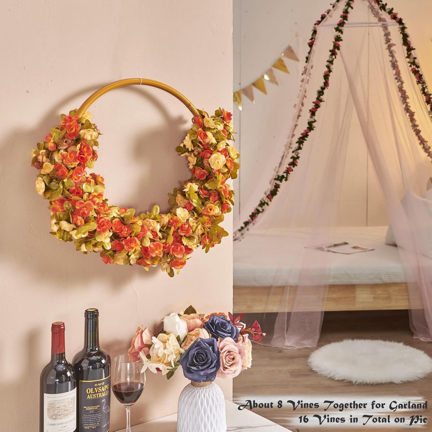 8Pcs x 8.2FT Artificial Flower Garland Floral Rose Vine Decor, Pink Flower