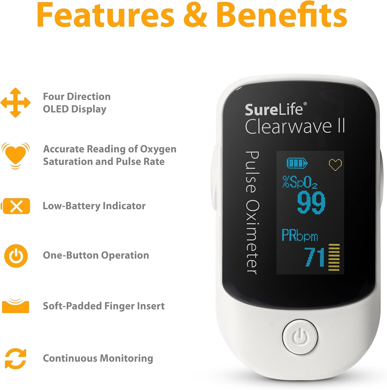 Clearwave II Pulse Oximeter | OLED Display, SpO2 Sensor, Pulse Rate Monitor, One-Button Operation, Batteries & Lanyard Included