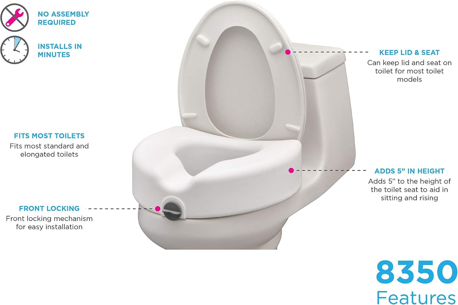 NOVA Toilet Seat Riser with Arms – Adds 5” Height, Raised Toilet Seat with ON/Off Front Lock, Adjustable & Removable Padded Arms (17.75”–20”), 300 lb Capacity, Safety Aid for Seniors