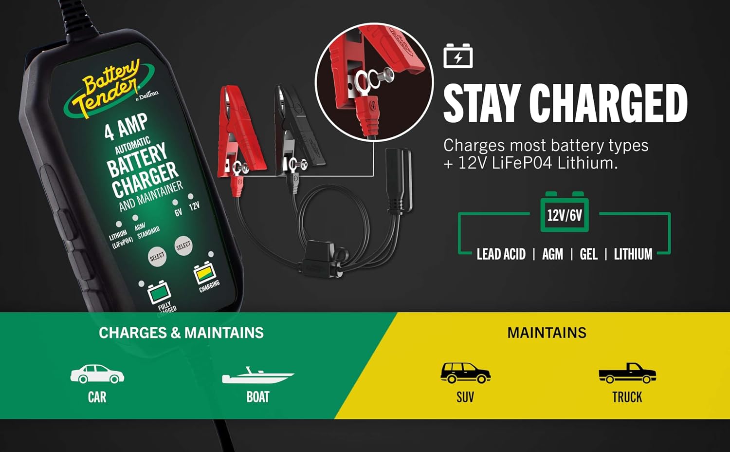 Battery Tender 4 AMP Battery Charger and Maintainer - Automotive Switchable 12V or 6V Smart Automatic for Cars SUVs and Trucks - Lead Acid, AGM, Gel
