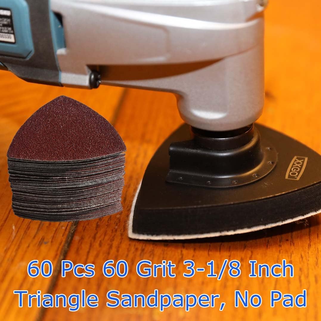 XXGO 55 Pcs 80mm 3-1/8 Inch Triangular Oscillating Multi Tool Sanding Pads | Assorted Grit , Hook & Loop Design , Strong Velcro , Best for Metal Wood Sanding