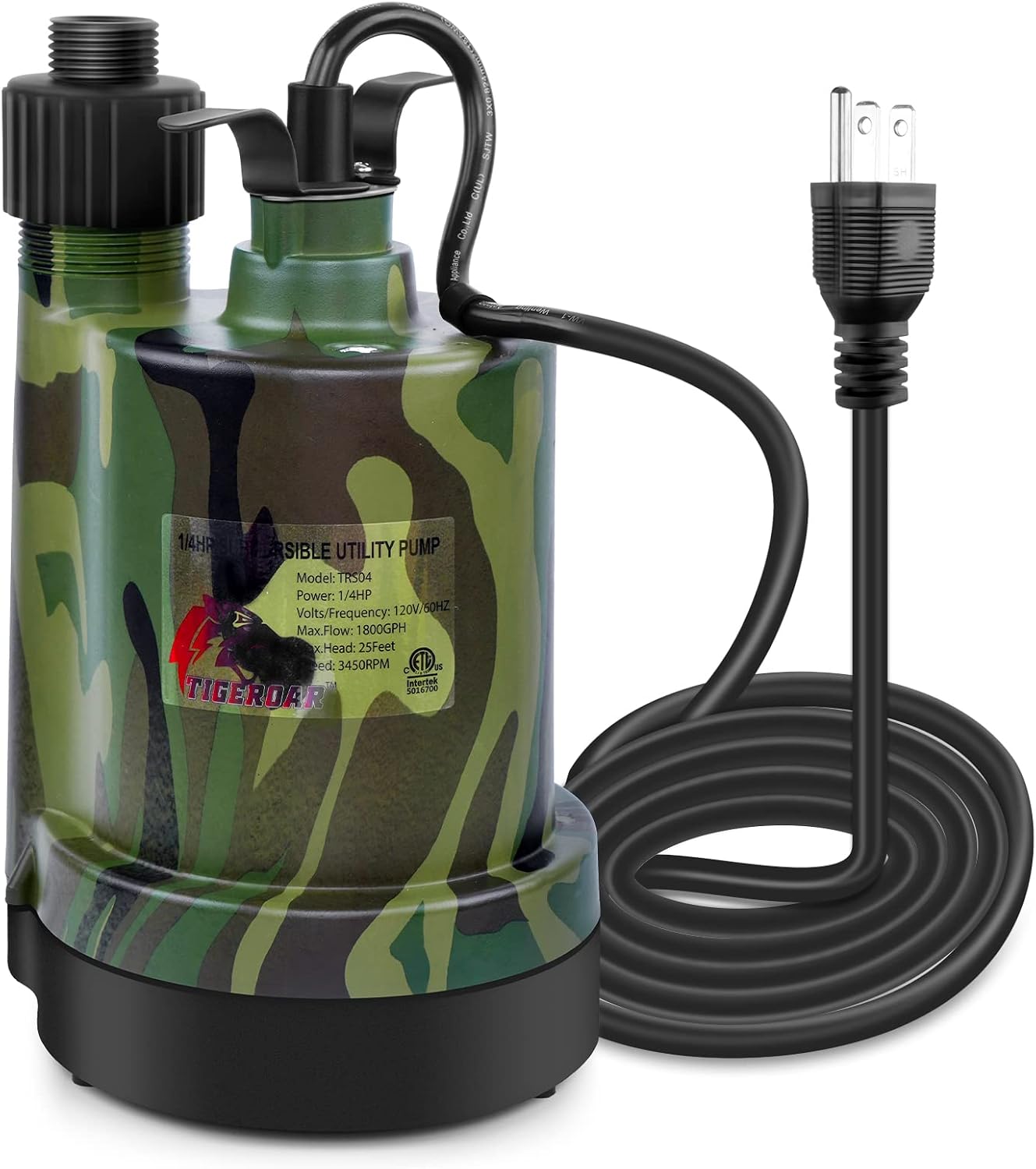 TIGEROAR 120V Submersible Pump 1/4 HP Water Transfer Pump 1800 GPH | Electric Pond Pool Pump Utility Pump with 10 ft. Cord Anticorrosive Plastic