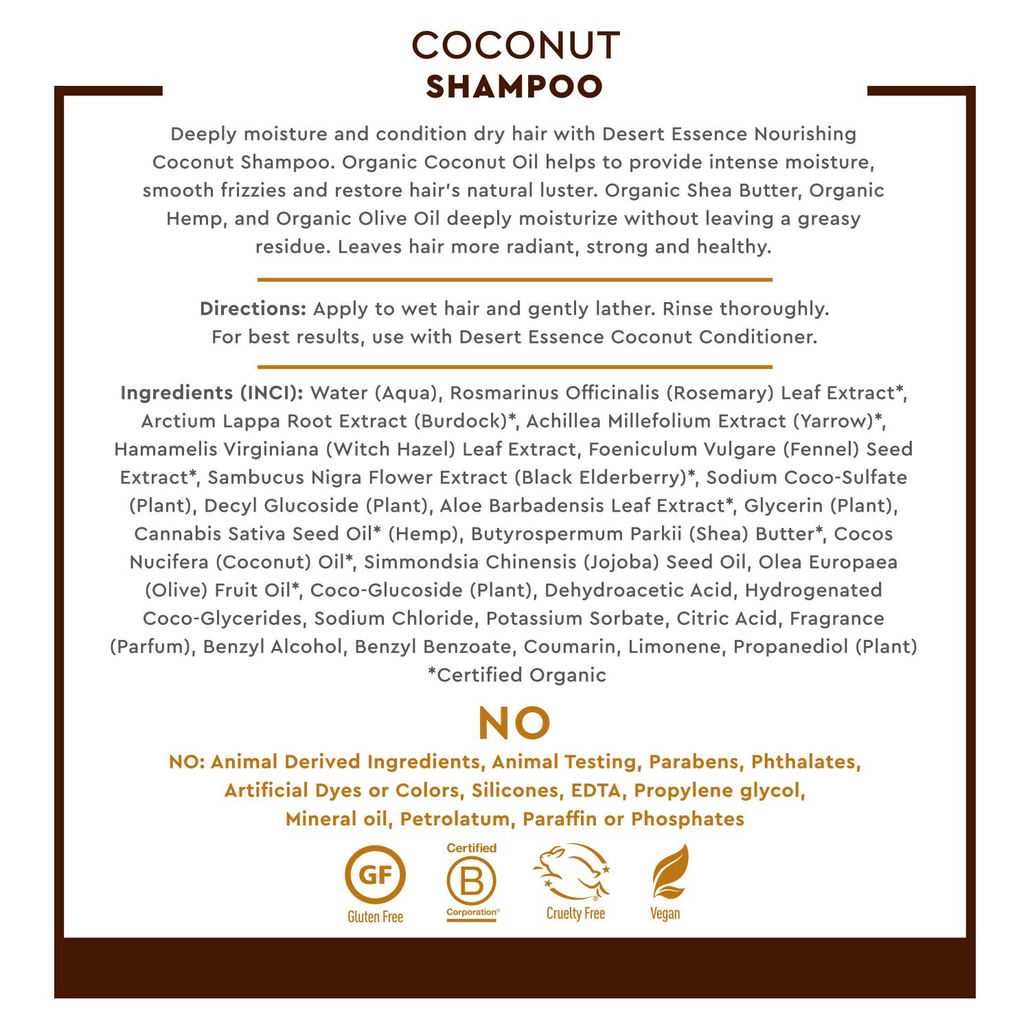 Desert Essence Coconut Shampoo for Dry Hair with Shea Butter, 8 fl oz | Deeply moisturizes, smooths frizz and restores softness