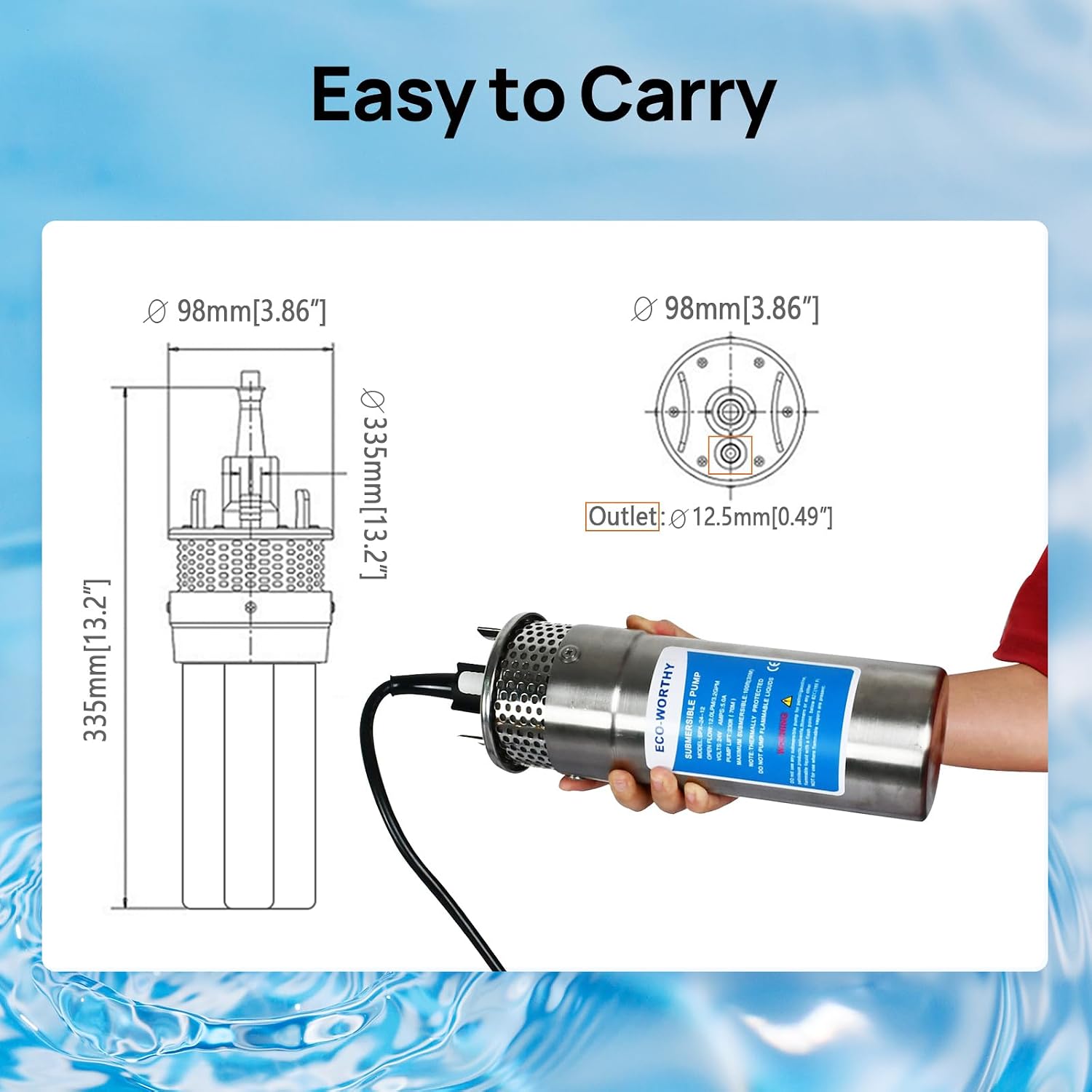 ECO-WORTHY 24V Submersible Deep Well Water Pump with 10ft Cable 1.6GPM 4'' 5A, Max Lift 230ft/70m, DC Pump/Alternative Energy Solar Battery Farm & Ranch Submersible Deep Well Pump