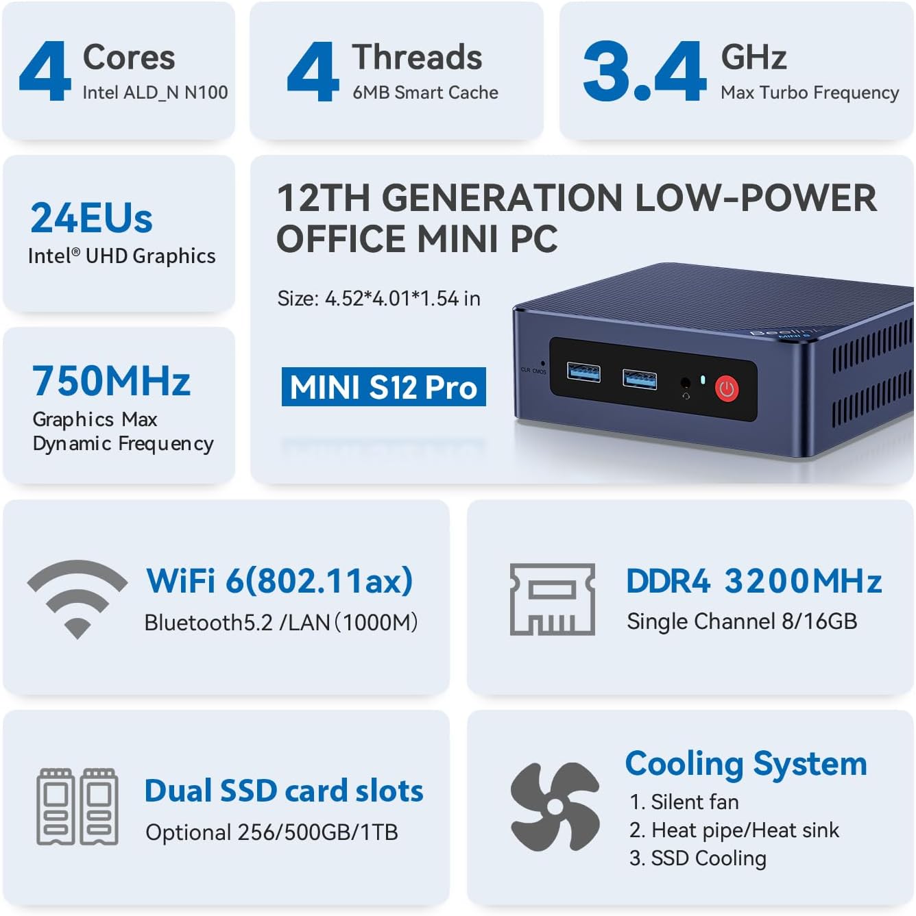 Beelink Mini PC, MINI S12 Intel Lake N95 4C/4T, 8GB DDR4 RAM 256GB SSD