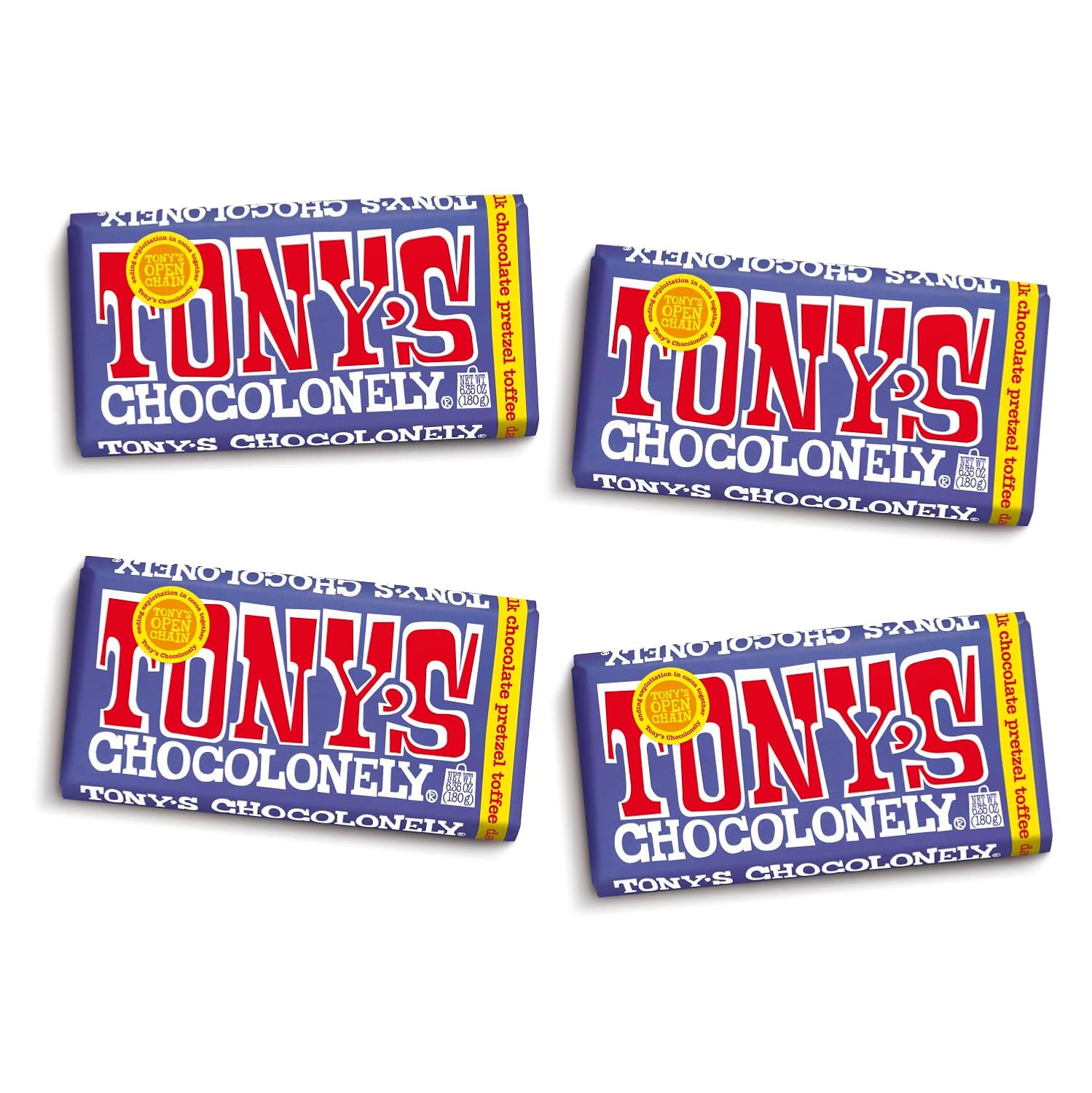 Tony's Chocolonely 42% Dark Milk Chocolate Bar with Pretzel & Toffee - Dark Milk Chocolate, Pretzel & Toffee Chunks, Belgium Chocolate