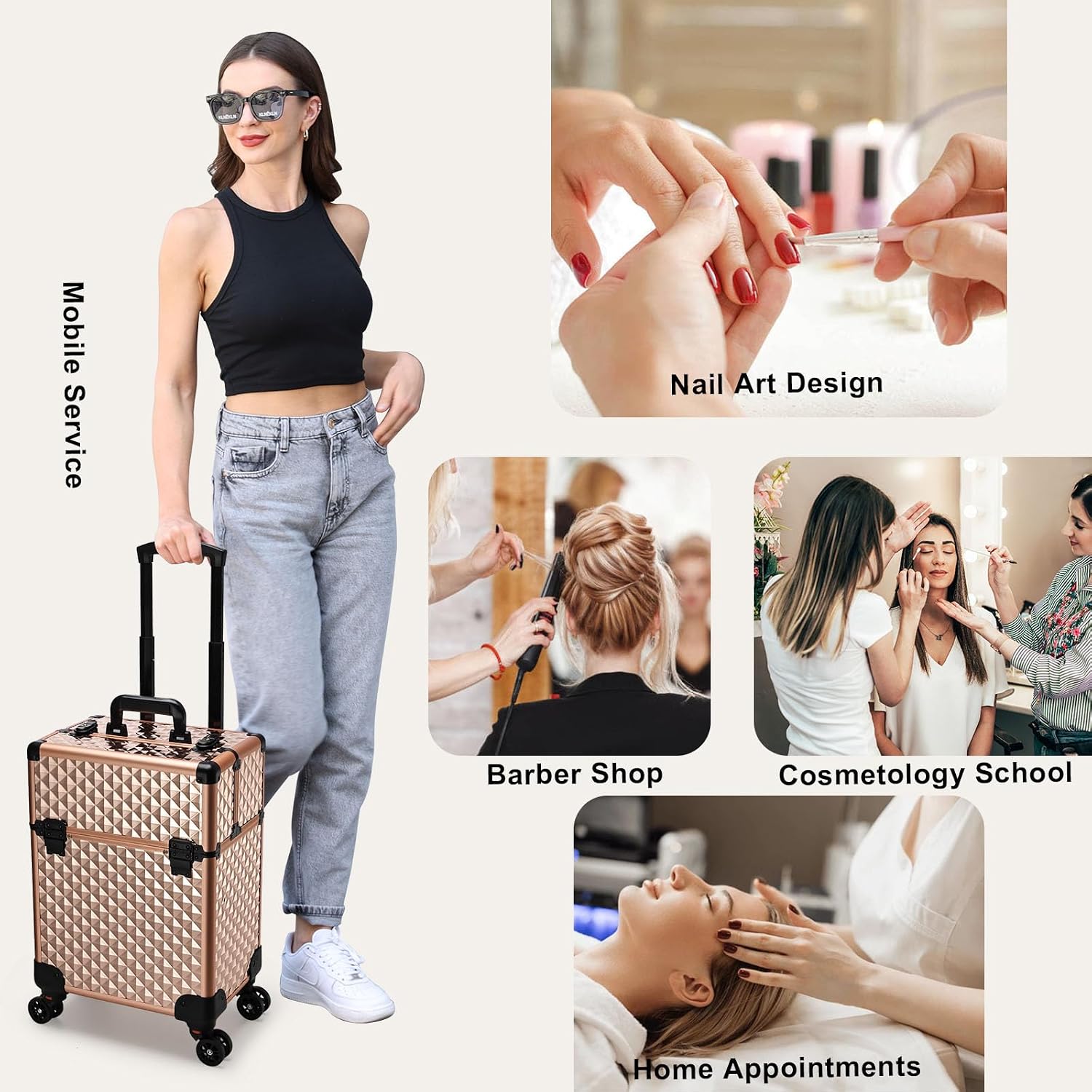 Stagiant Rolling Makeup Train Case Large Storage Cosmetic Trolley 4 Tray with Sliding Rail Removable Middle Layer with Key Swivel Wheels Salon