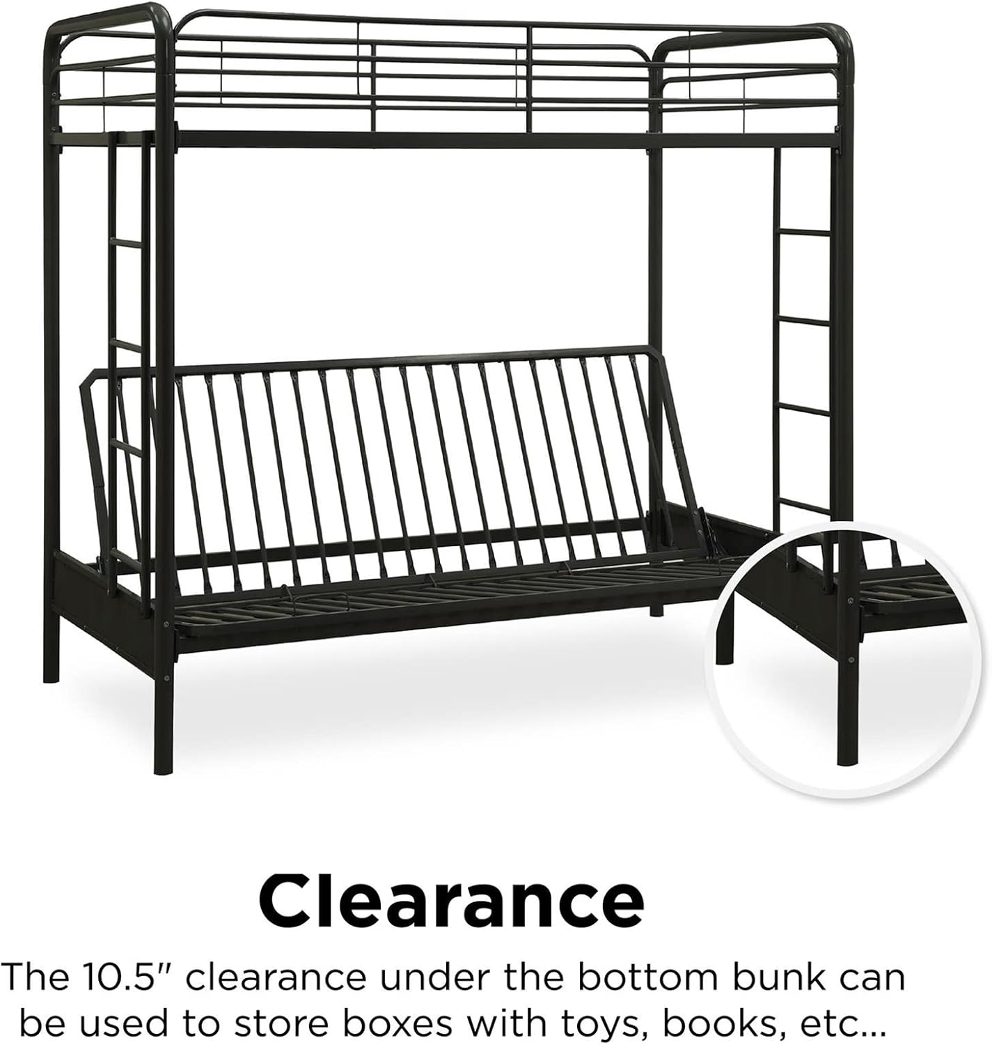 DHP Twin-Over-Futon Convertible Couch and Bed with Metal Frame, Ladder and Guardrails - Black